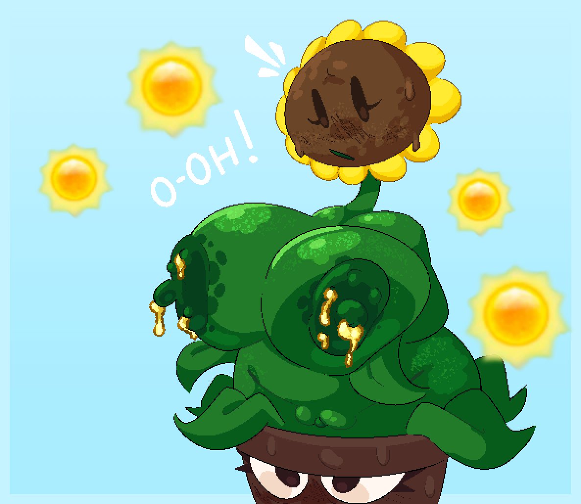 1girls, 2girls, anthro, anthrofied, areola, areolae, ass, big areola, blush, blushing, bodily fluids, breakcoreyuri, electronic arts, female, flora fauna, flower-pot (pvz), huge breasts, lactating, lactation, lactation without expressing, moaning, plant, plant humanoid, plantie, plants vs zombies, plants vs. zombies, popcap games, sun (pvz), sunflower (pvz), sweat, sweatdrop, sweating, sweaty, sweaty ass, sweaty body, tagme, text, thick thighs, video game character, video games