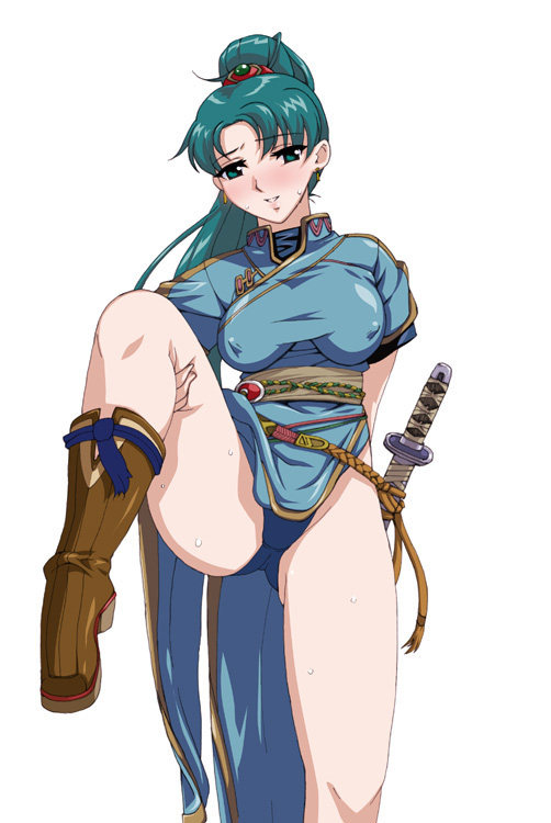 1girls ariyon breasts female fire_emblem fire_emblem:_the_blazing_blade high_ponytail leg_lift legs lyn_(fire_emblem) lyndis_(fire_emblem) nipples_visible_through_clothing panties solo sword teal_hair weapon