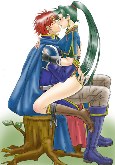 aozora_kyuuji blush boots couple eliwood_(fire_emblem) fire_emblem fire_emblem:_the_blazing_blade gloves green_eyes green_hair imminent_kiss kissing legs long_hair lyn_(fire_emblem) lyndis_(fire_emblem) straddle thighs upright_straddle