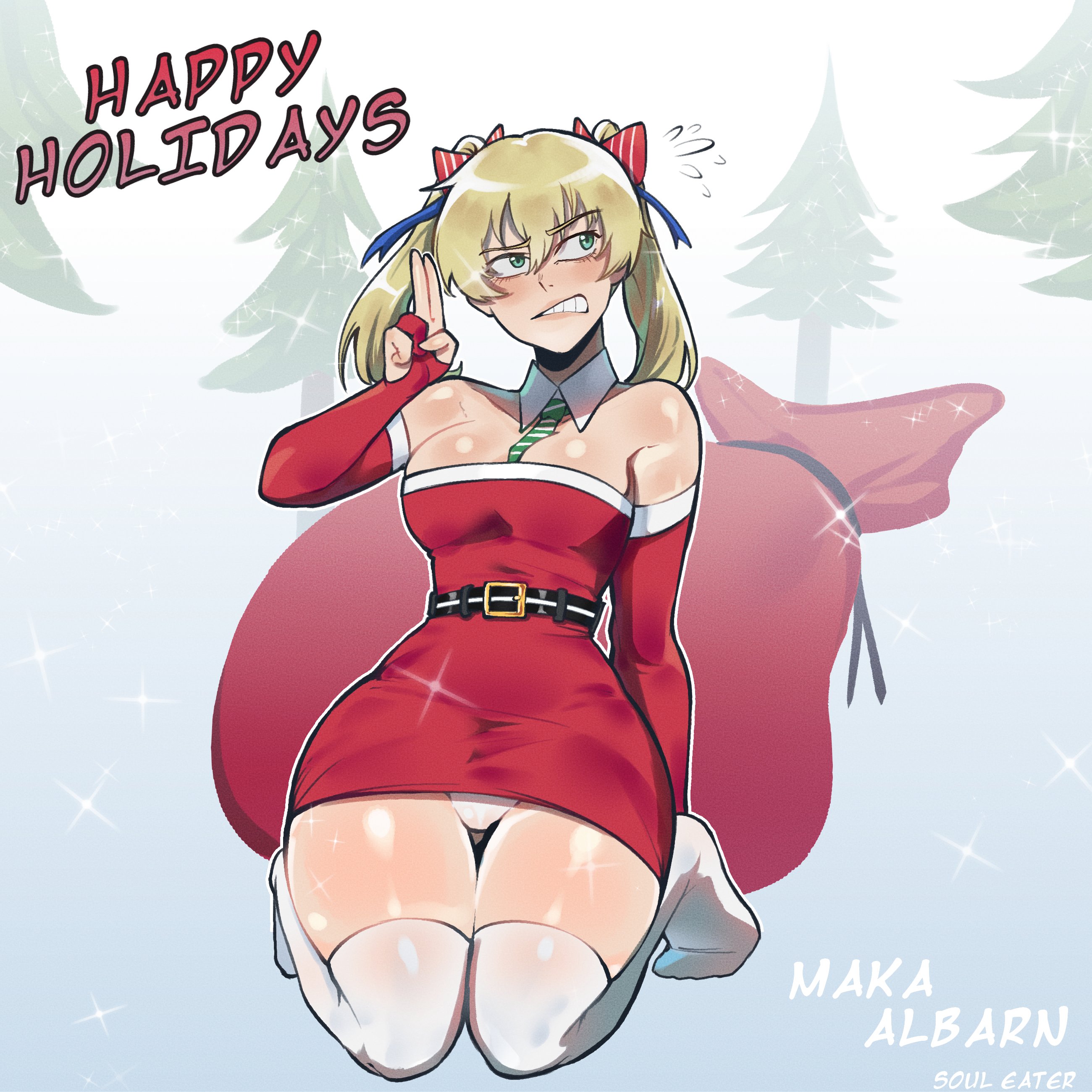1girls, blush, breasts, christmas, christmas outfit, clenched teeth, english text, female, female only, hentaly, legwear, maka albarn, panties, solo, soul eater, text, thick thighs, thighhighs, thighs, twintails, white panties
