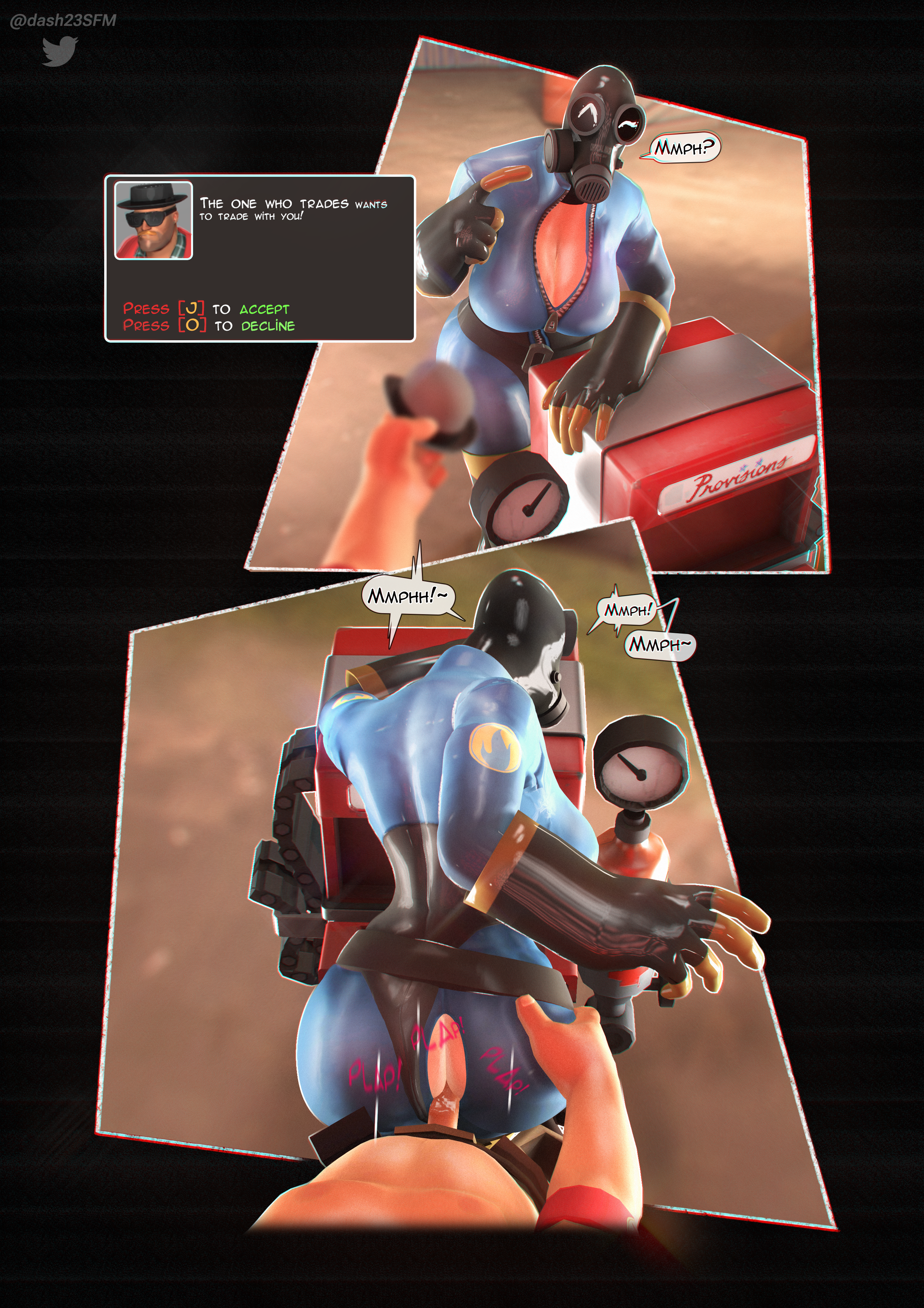 1boy, 1girls, 3d, dash23, engineer (team fortress 2), english text, female, fempyro, male, pov, pyro, sfm, source filmmaker, straight, team fortress 2, text, walter white (cosplay)