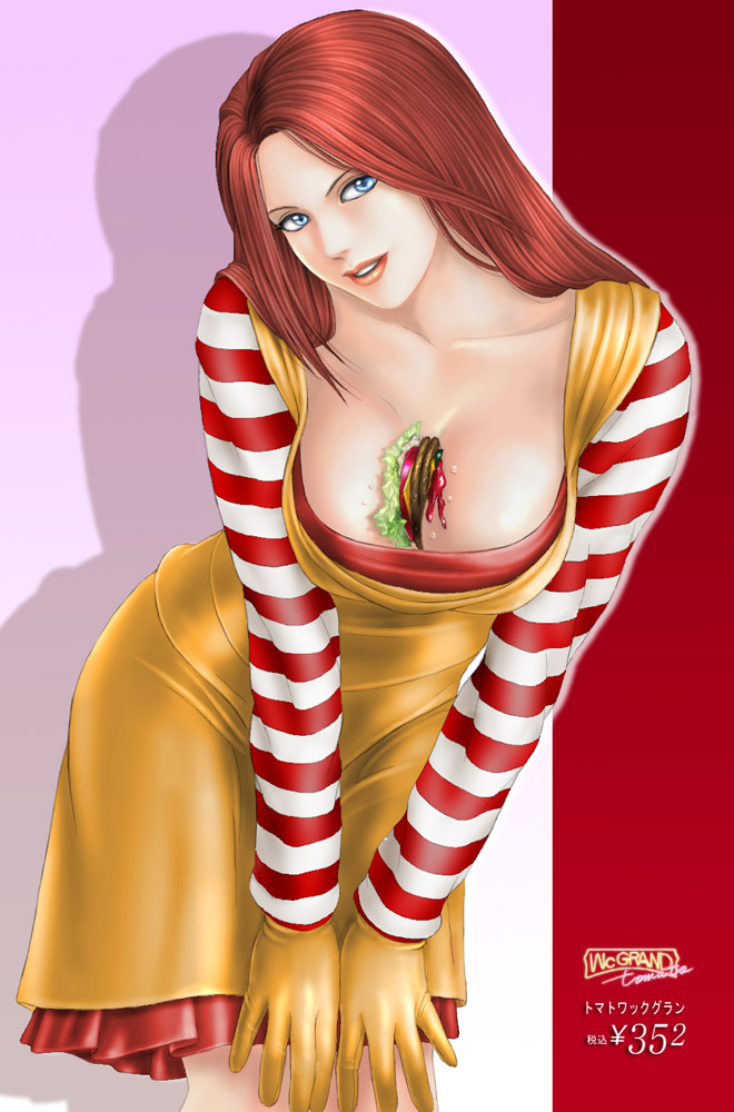 1girls between_breasts blue_eyes boob_burger breasts burger cleavage clown cosplay female food food_between_breasts genderswap_(mtf) gloves hamburger leaning_forward long_hair looking_at_viewer makeup mascot mcdonald's mcgrand parody red_hair ronald_mcdonald rule_63 solo striped toten_(artist) your_order_is_ready_(meme)