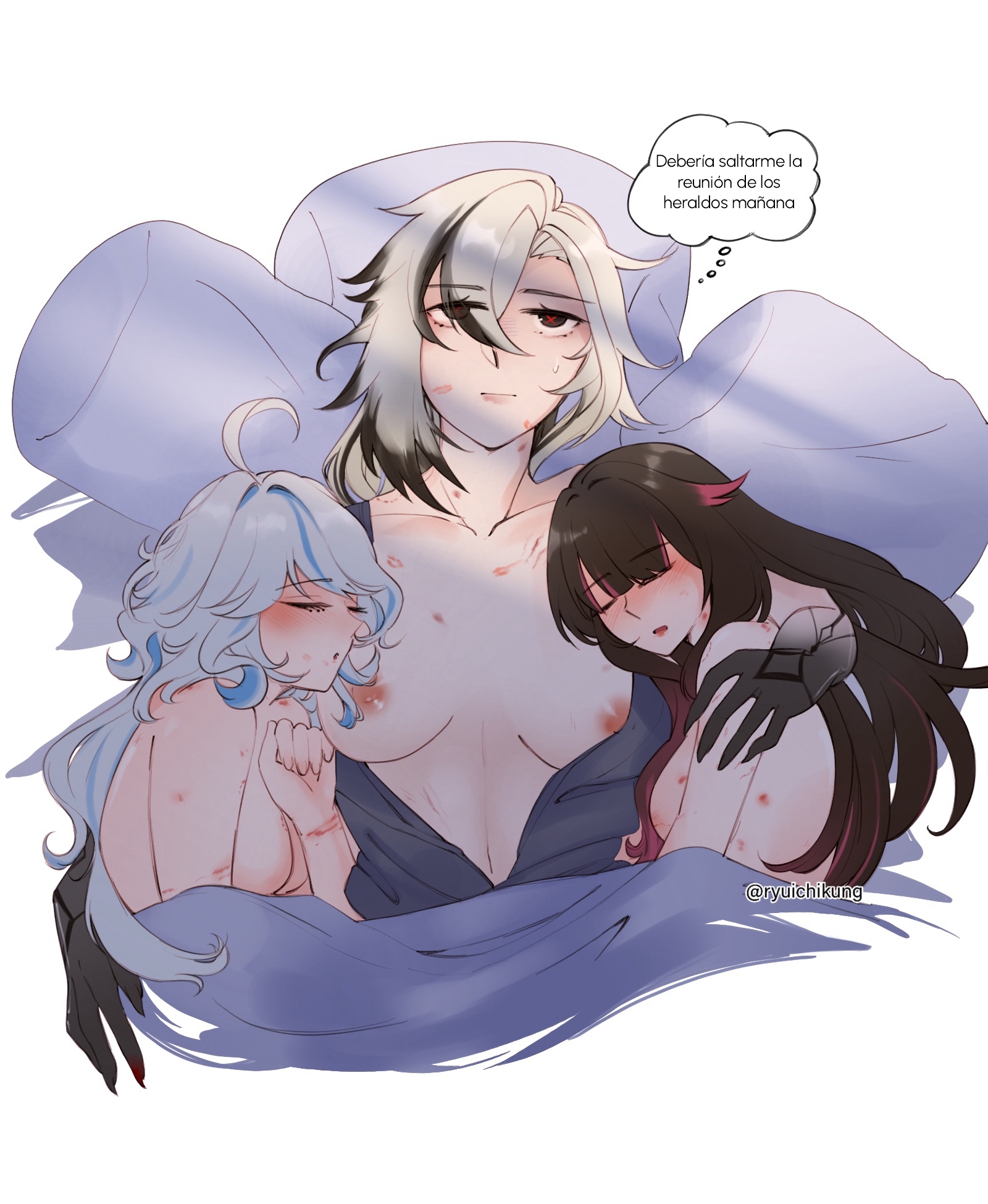 2d, 3girls, after sex, arlecchino (genshin impact), bed, bite marks, breasts, columbina (genshin impact), cuddling, dialogue, edit, female, female only, fff, fff threesome, furina (genshin impact), genshin impact, hickey, hickey marks, kiss mark, lesbian sex, lesbians, nipples, nude, nude female, polygamy, ryuichikung, sleeping, spanish, spanish text, speech, text, thought bubble, threesome, translated, trio, under blanket, yuri