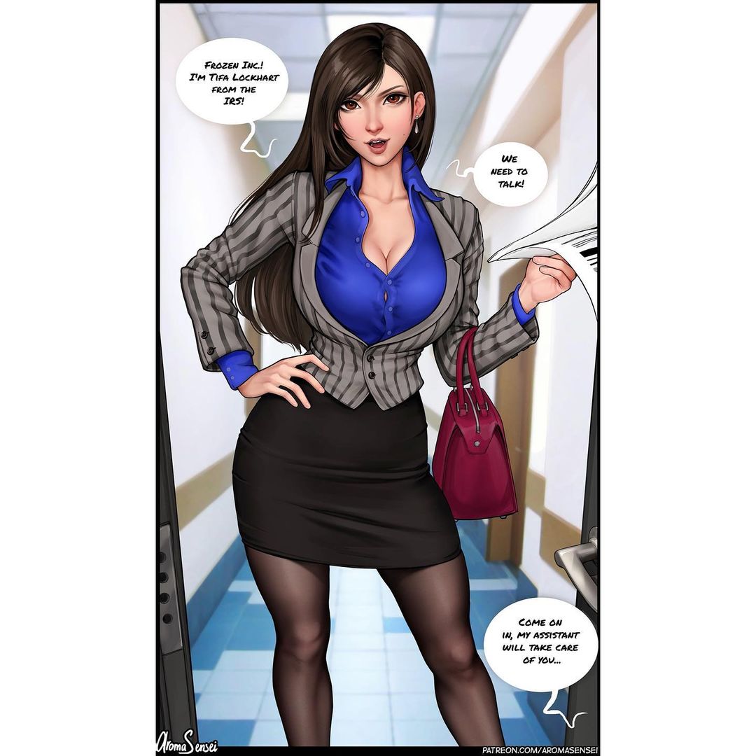 1boy, 1girls, aroma sensei, big breasts, black skirt, blue shirt, bracelet, bracelets, breasts, brown hair, business suit, cleavage, colored nails, dark hair, dialogue, earrings, english text, female, final fantasy, final fantasy vii, footwear, high heels, jacket, large breasts, long hair, looking at viewer, male, male pov, male/female, miniskirt, nail polish, offscreen character, offscreen male, painted nails, pantyhose, pencil skirt, pov, purse, red eyes, sitting, skirt, skirt suit, speech bubble, text, thick thighs, tifa lockhart, tight clothing, tight skirt, voluptuous