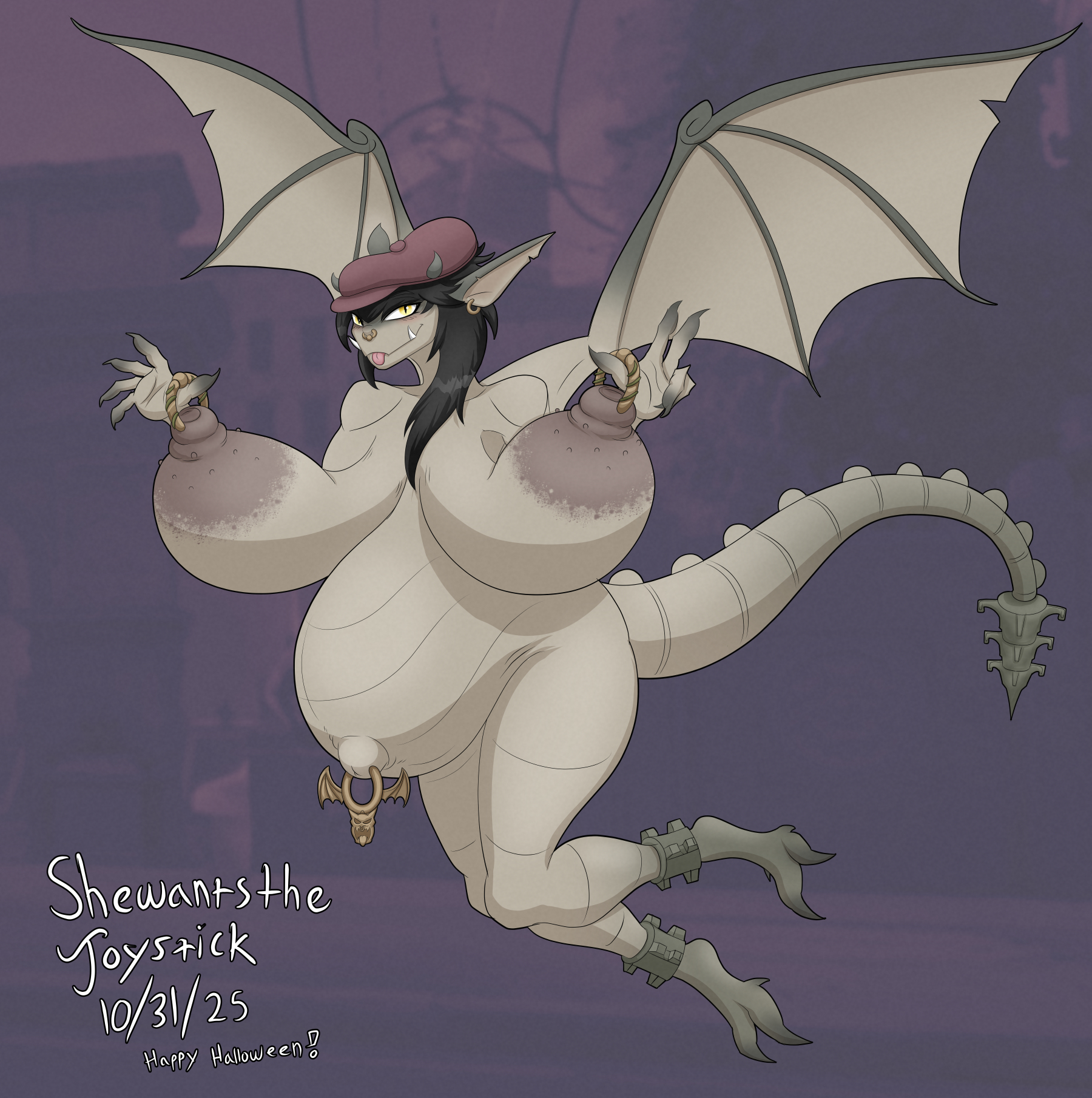 1girls, 4 toes, alternate body type, alternate breast size, anklet, areolar amelanism, areolar melanosis, arms out, asymmetrical hair, belly overhang, big belly, big nipples, bluesky link, blush, breasts, clawed feet, clawed fingers, dark hair, dated, deadlock, earrings, fanart, female, flying, functionally nude, functionally nude female, furaffinity link, game background, gargoyle, gigantic breasts, glands of montgomery, hair over shoulder, hat, headwear, holding up breasts, horns, horns through headwear, ivy (deadlock), large areolae, long breasts, long tail, looking at viewer, navel, navel pendant, navel piercing, navel ring, newgrounds link, newsboy cap, nicked ear, nipple piercing, nipple ring pull, nipple rings, nipples, nose ring, peace sign, piercing, popped navel, pregnant, pregnant belly, pregnant female, sagging belly, sagging breasts, screenshot background, segmented body, septum piercing, shewantsthejoystick, slit pupils, smile, smiling at viewer, solo, stone body, tail, thick thighs, tongue, tongue out, valve, watermark, wide hips, wings, wings on back, yellow eyes