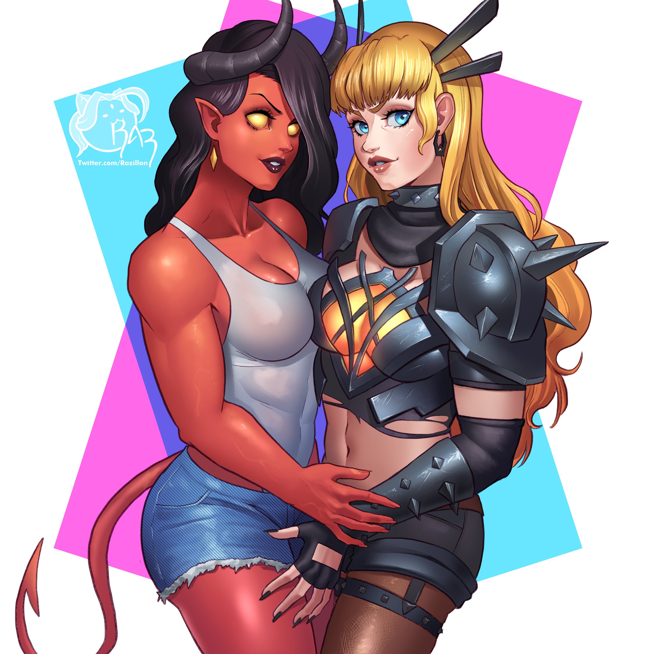 2girls, armor, black hair, blonde hair, blue eyes, crossover, demon, demon girl, demon horns, demon tail, dispatch (game), earrings, empty eyes, female, female only, female/female, fingerless gloves, hi res, horns, jean shorts, leotard, light skin, light-skinned female, long hair, looking at viewer, magik (illyana rasputin), magik (marvel rivals), malevola gibb, marvel, marvel rivals, pointy ears, razillon, red skin, shorts, smiling, smiling at viewer, tail, yellow eyes