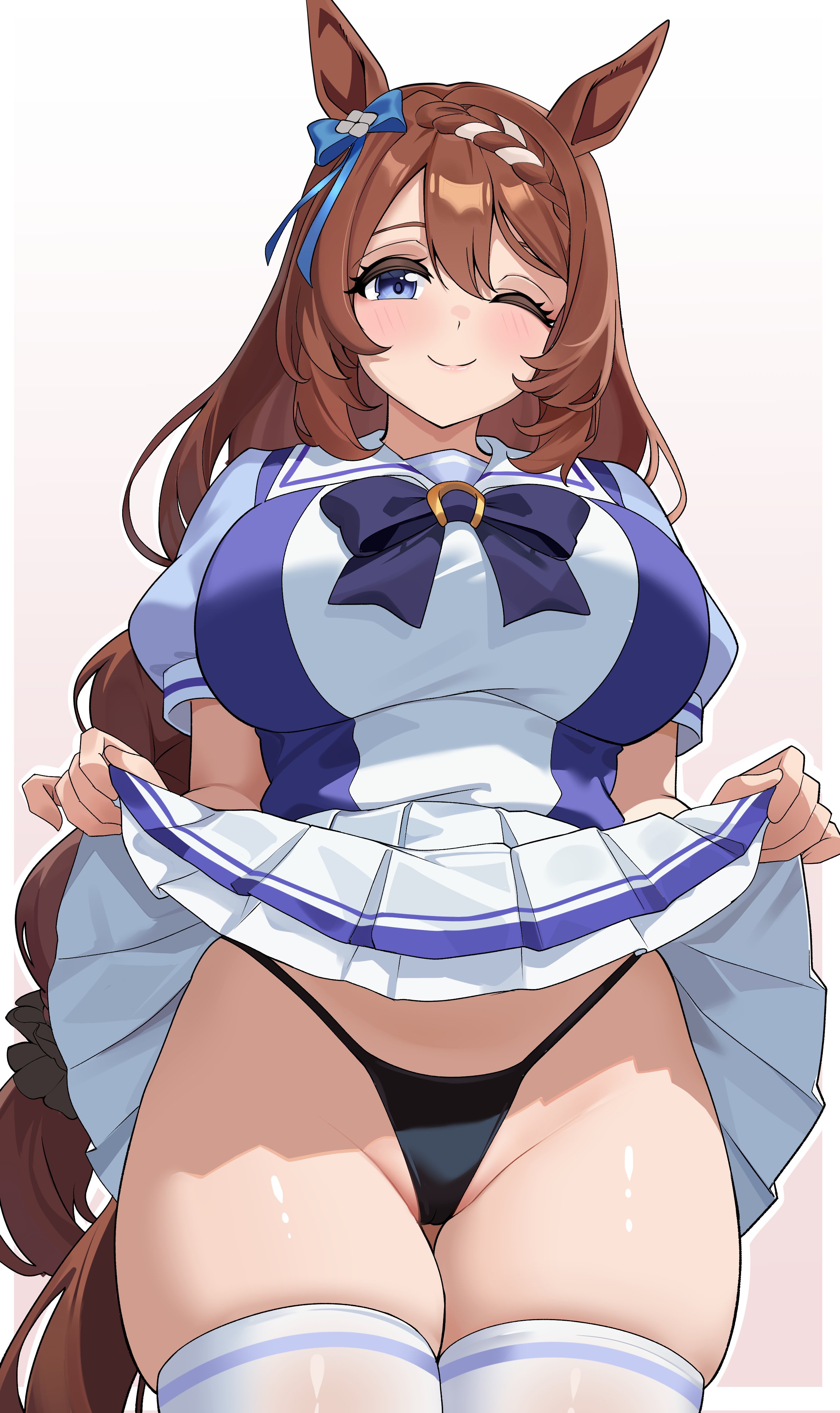 1girl, 1girls, absurdres, animal ears, black panties, blue eyes, blush, bow, braid, breasts, brown hair, clothes lift, commentary, ear bow, hair between eyes, hair ornament, highleg, highleg panties, highres, horse ears, horse girl, horse tail, large breasts, lifting own clothes, long hair, looking at viewer, multicolored shirt, one eye closed, panties, partially visible vulva, presenting, puffy short sleeves, puffy sleeves, purple bow, purple shirt, rimun rimun, sailor collar, shirt, short sleeves, simple background, skirt, skirt lift, smile, solo, standing, super creek (umamusume), tail, thick thighs, thighhighs, thighs, thong, umamusume, underwear, very long hair, white background, white sailor collar, white shirt, white thighhighs