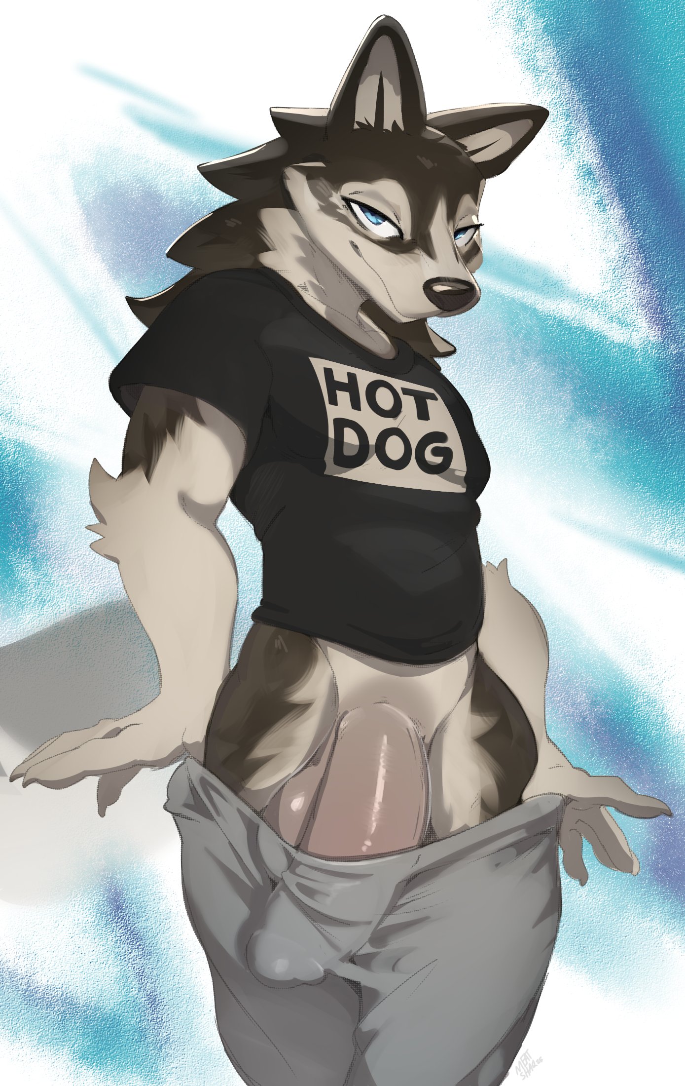anthro, balls, bedroom eyes, big balls, big penis, black body, black fur, blue eyes, bottomwear, bottomwear down, bulge, canid, canine, canis, clothed, clothing, detailed bulge, domestic dog, fur, genital outline, genitals, hi res, huge cock, looking at viewer, male, male only, male/male, mammal, meatshaq, narrowed eyes, pants, pants down, partially clothed, penis, penis outline, seductive, shirt, solo, t-shirt, text, text on clothing, text on shirt, text on topwear, topwear, undressing, yaoi