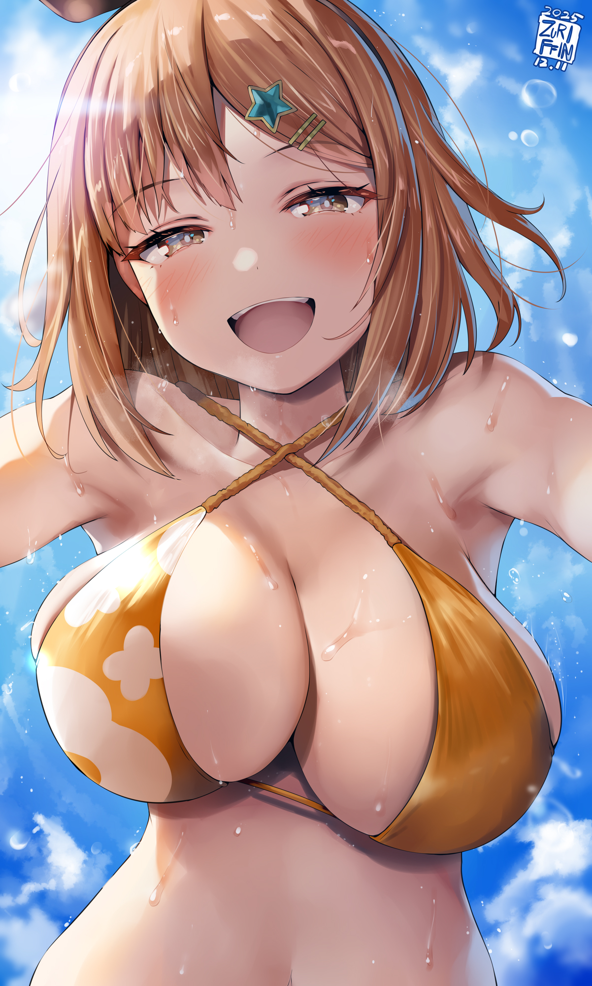 1girls, artist name, atelier (series), atelier ryza, belko, big breasts, bikini, breasts, brown eyes, cleavage, dated, female only, hair, hair ornament, hi res, light skin, light-skinned female, navel, open mouth smile, reisalin stout, solo, yellow bikini, yellow bikini top