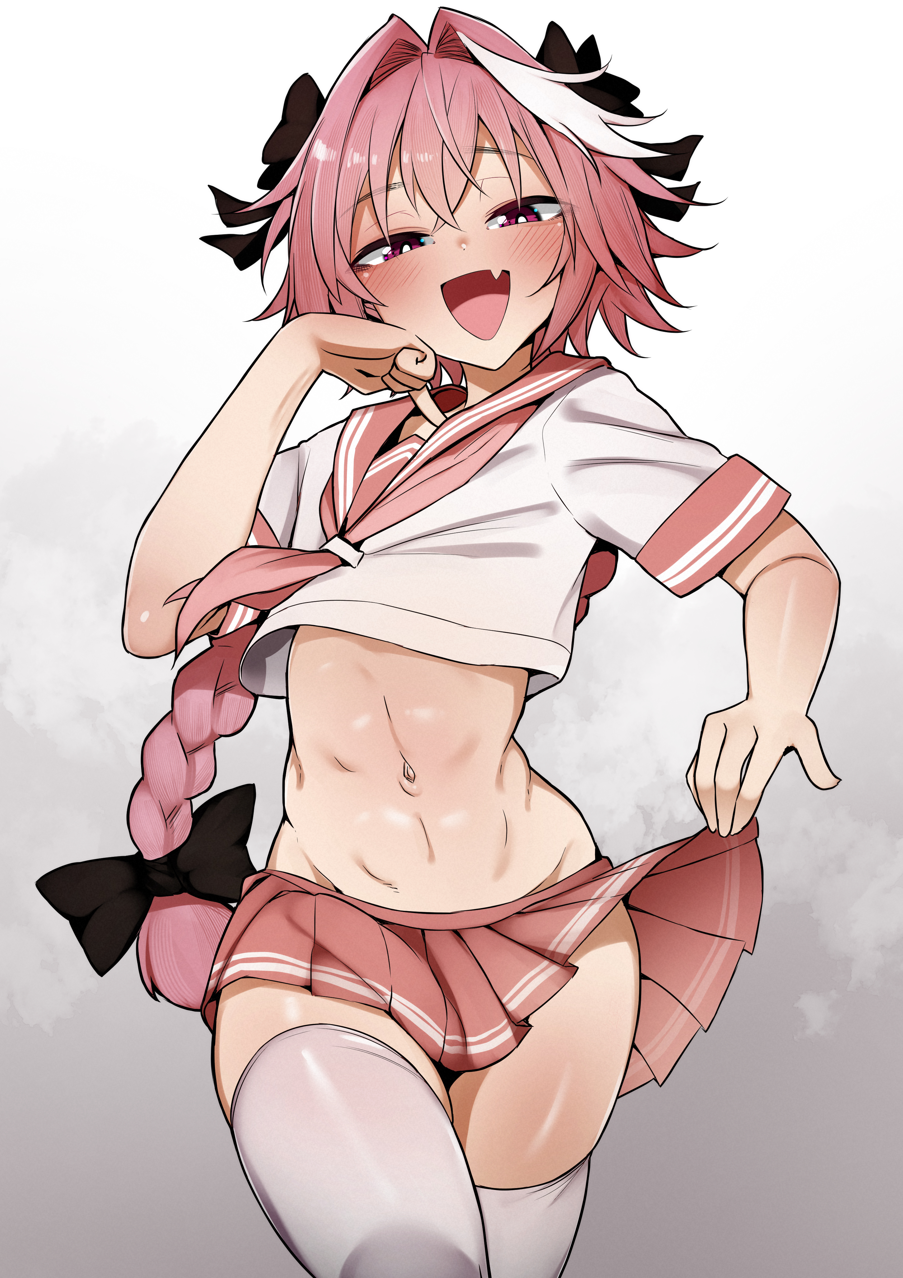 1boy, alternate version available, astolfo (fate), belly button, blush, bottomwear, braid, braided hair, bulge, bulge through clothing, bulge under clothes, dai yasude, fate (series), femboy, femboy only, girly, hair, hair ornament, hips, legwear, neckwear, pink eyes, pink hair, pink skirt, ribbon, sailor collar, shirt, skirt, skirt lift, skirt up, smile, solo, solo femboy, thick thighs, thighhighs, thighs, topwear, trap, white shirt, white thighhighs