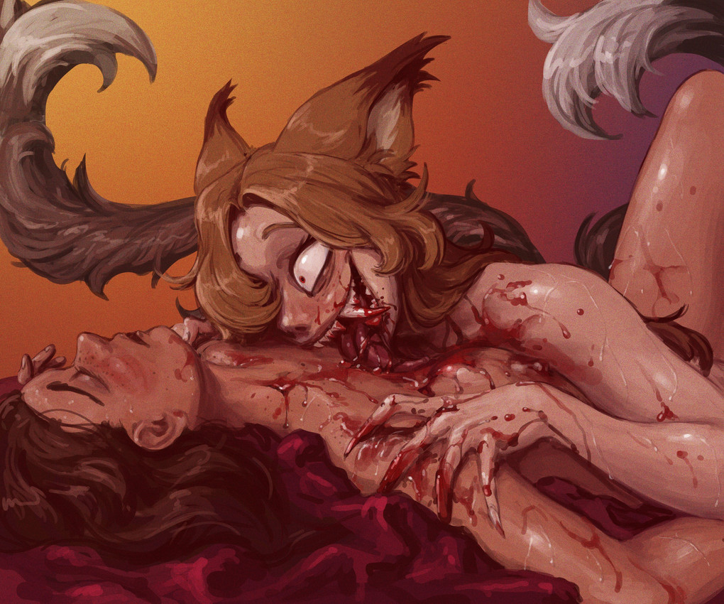2girls, big breasts, blood, blood on face, blood stain, breasts, breasts out, crazy eyes, crazy smile, female, female only, female yandere, femdom, femsub, foxtrot (glacierclear), gore, guro, hadmyway, kitsune, large breasts, lesbian couple, lesbian domination, lesbian focus, licking, long tongue, sharp teeth, strawberry cheesecake (glacierclear), tits out, vampire, variant set, yandere, yandere eyes, yuri