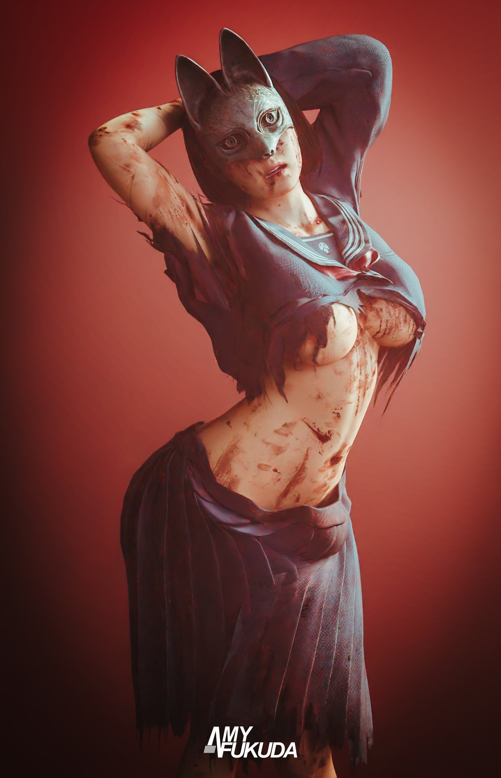 1girls, 3d, amyfukuda, areola slip, areolae, arms up, asian, asian female, big breasts, blood, blood stain, bloody, breasts, dirty, female, female only, hinako shimizu, horror, large breasts, mask, masked female, medium breasts, ripped clothes, ripped clothing, school uniform, silent hill, silent hill f, solo, torn clothes, torn clothing, torn school uniform, underboob