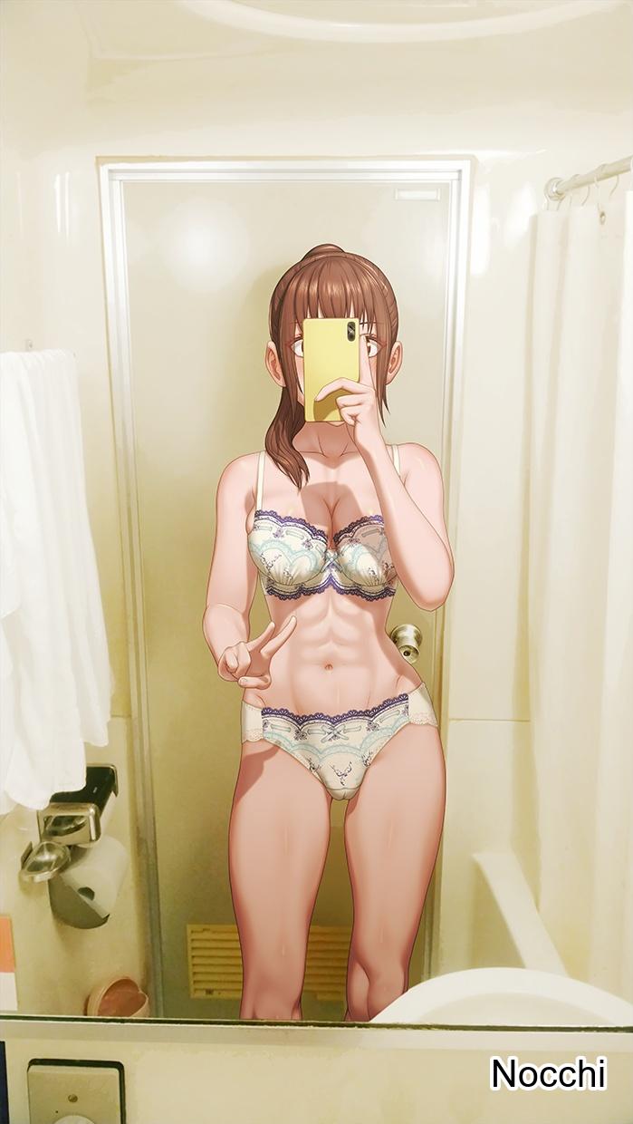 1girls, 2d, 2d (artwork), 2d artwork, abs, alternate version at source, alternate version available, bare arms, bare belly, bare chest, bare hands, bare hips, bare knees, bare legs, bare midriff, bare navel, bare shoulders, bare skin, bare thighs, bathroom, belly, belly button, bra, breasts, brown eyebrows, brown eyes, brown hair, brown-eyed female, brown-haired female, cleavage, collarbone, curvaceous, curvaceous body, curvaceous female, curvaceous figure, curvaceous hips, curvaceous teen, curvy, curvy body, curvy female, curvy figure, curvy hips, curvy teen, digital, digital art, digital drawing, digital drawing (artwork), digital media, digital media (artwork), elbows, exposed arms, exposed belly, exposed chest, exposed hips, exposed legs, exposed midriff, exposed navel, exposed shoulders, exposed skin, exposed thighs, eyebrows visible through hair, female, female focus, female only, fingers, frilled bra, frilled panties, frilled underwear, groin, half naked, half nude, high resolution, highres, hourglass figure, indoor, indoor nudity, indoors, knees, lace-trimmed bra, lace-trimmed panties, lace-trimmed underwear, lean figure, long hair, medium breasts, midriff, more at source, muscular, muscular female, naked, naked female, naked woman, narrow waist, navel, nocchi, nude, nude female, nudity, original, original art, original artwork, original character, panties, peace sign, phone, ponytail, posing, posing for picture, posing in mirror, selfie, semi nude, shoulders, sign, sink, slender body, slender waist, slim waist, solo, standing, stomach, thick thighs, thigh gap, thighs, underwear, underwear only, upper body, v, v sign, white bra, white panties, white underwear, wide hips