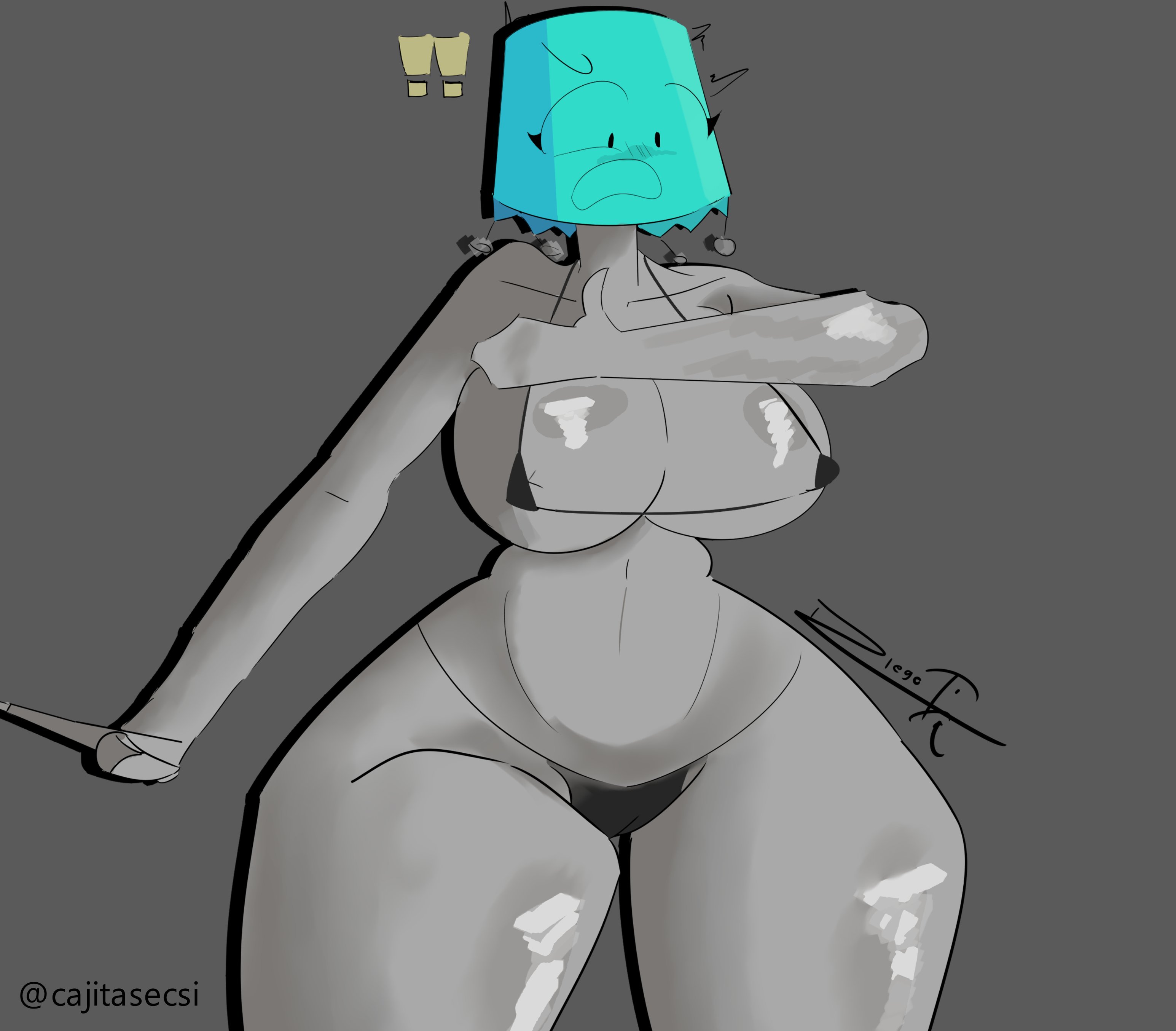 1girls, battle for fucking, big breasts, big thighs, black bikini, black bra, black panties, cajitasecsi, grey skin, kuy (pokklaochum), lamp, lampy (battle for fucking), lampy (kuy), micro bikini, object show, object shows, shocked, thai