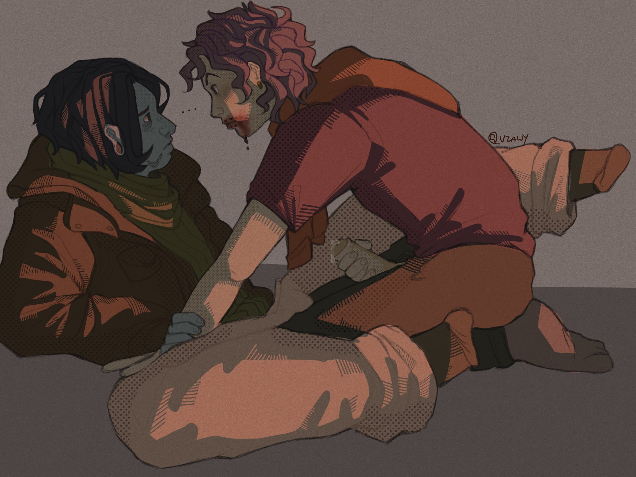 2boys, blood, blood on face, clothed, coat guy (no, i'm not a human), erection, gauged ear, gay, looking at another, male, male only, masturbation, no, i'm not a human, penis, profile, side view, uncensored, vzawynsfw, wireface (no, i'm not a human), yaoi