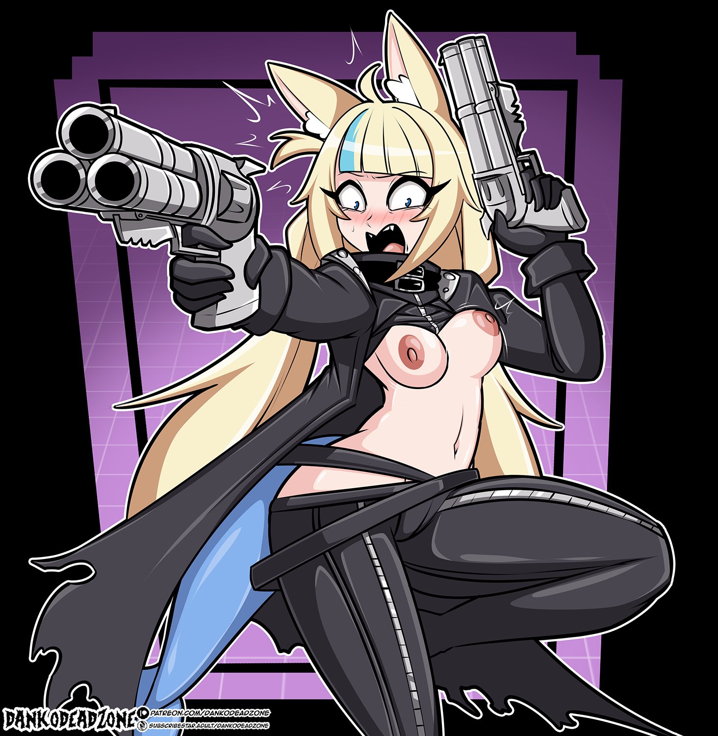 1girls, animal ears, areolae, beelstarmon (cosplay), blonde hair, blush, breasts, breasts out, cosplay, dankodeadzone, digimon, female, female only, gun, hi res, indie virtual youtuber, light skin, light-skinned female, long hair, nipples, open mouth, sameko saba, shocked, shocked expression, solo, virtual youtuber