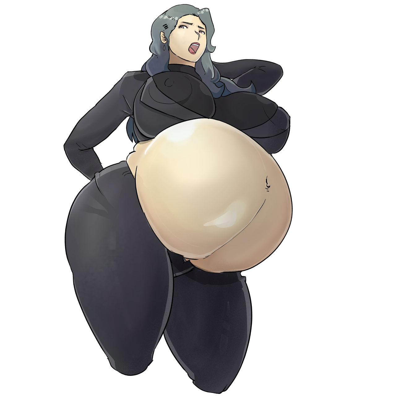 1girls, alternate version available, areolae, ass, belly, big ass, big belly, big breasts, bikini, breasts, brown eyes, clothed, clothing, curvy, demon, ear piercing, earrings, english text, female, female only, gradient hair, hi res, highres, hoop earrings, horned humanoid, horns, huge belly, huge breasts, humanoid, hyper pregnancy, lactation, light skin, light-skinned female, long hair, looking at viewer, milf, pregnant, ready to pop, revealing clothes, simple background, solo, solo female, standing, wide hips, zeruxu
