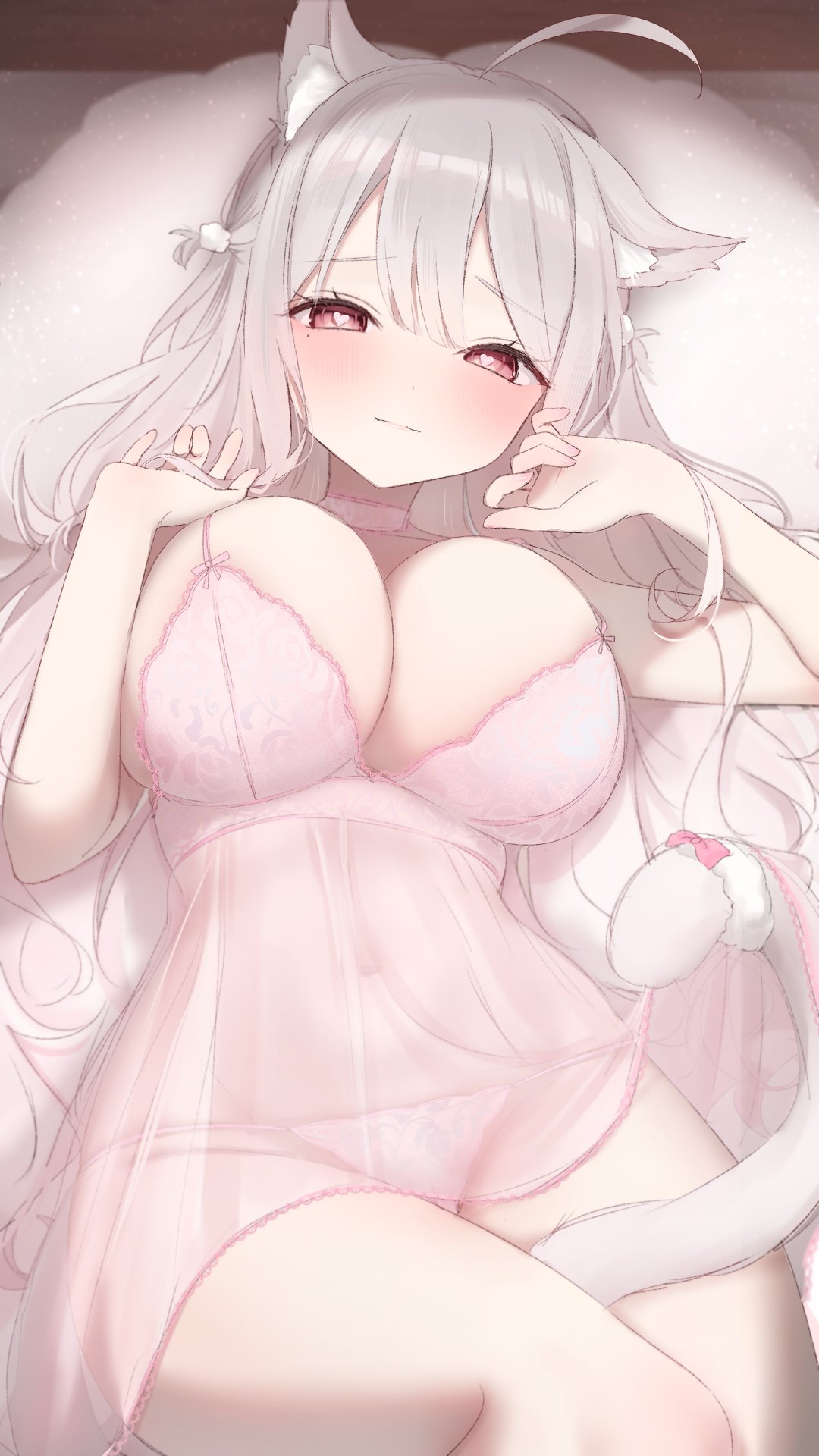 ahoge, animal ear fluff, animal ears, babydoll, blush, bow, breasts, cat ears, cat girl, cat tail, choker, cleavage, closed mouth, female, grey hair, hair between eyes, hair ornament, heart-shaped pupils, large breasts, lingerie, long hair, looking at viewer, lying, navel, need this myself, negligee, on back, on bed, pantsu, pillow, pink bow, pink choker, pink eyes, pink nails, pink panties, pink ribbon, pom pom hair ornament, see-through, smile, solo, strap pull, symbol-shaped pupils, tail, tail between legs, thighs, uise iu, underwear, virtual youtuber, white hair, white panties, white tail