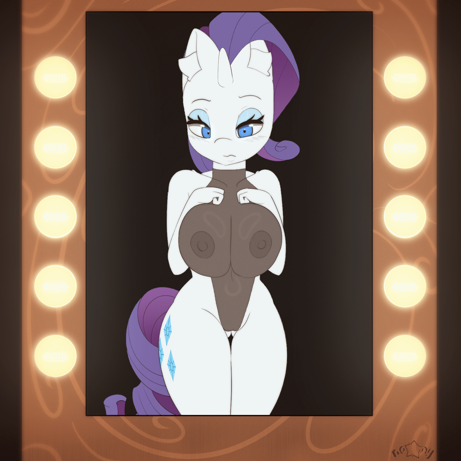 animated, anthro, anthrofied, big breasts, blue eyes, breasts, clothed, clothing, cutie mark, equid, equine, eyeshadow, female, fingers, friendship is magic, fur, hair, half-closed eyes, hasbro, hi res, horn, long hair, makeup, mammal, my little pony, mythological creature, mythological equine, mythology, n0nnny, narrowed eyes, nipples, portrait, purple hair, purple tail, rarity (mlp), solo, standing, tail, three-quarter portrait, unicorn, unicorn horn, white body, white fur, wide hips