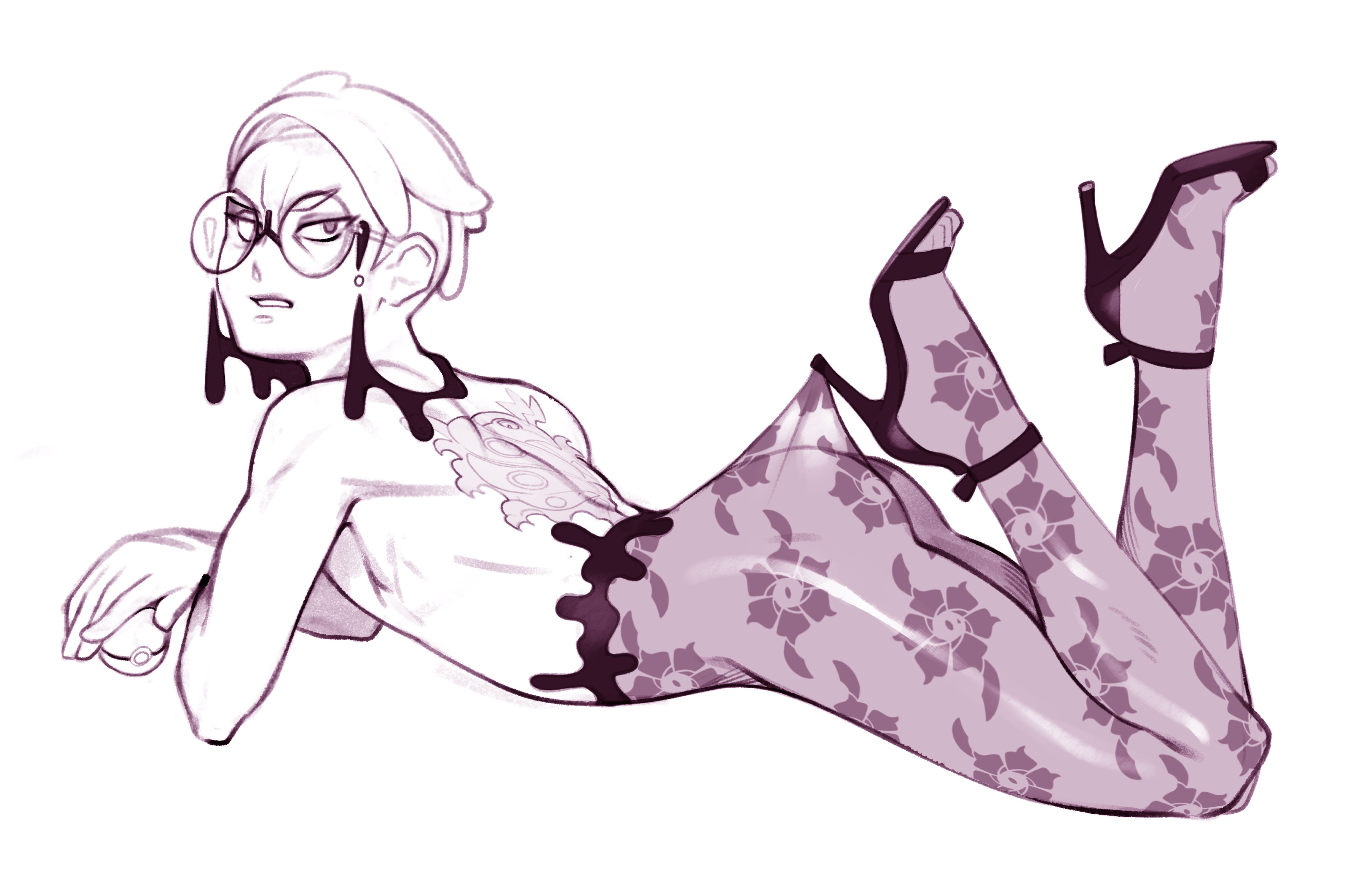 1boy, 2d, absurd res, ass, combos-n-doodles, corbeau (pokemon), glasses, heels, karasuba (pokemon), lace pantyhose hooked on heel (meme), looking at viewer, lying, lying on stomach, male, male only, monochrome, nintendo, pantyhose, pokemon, pokemon legends: z-a, round glasses, sketch, solo, topless, twink, white background