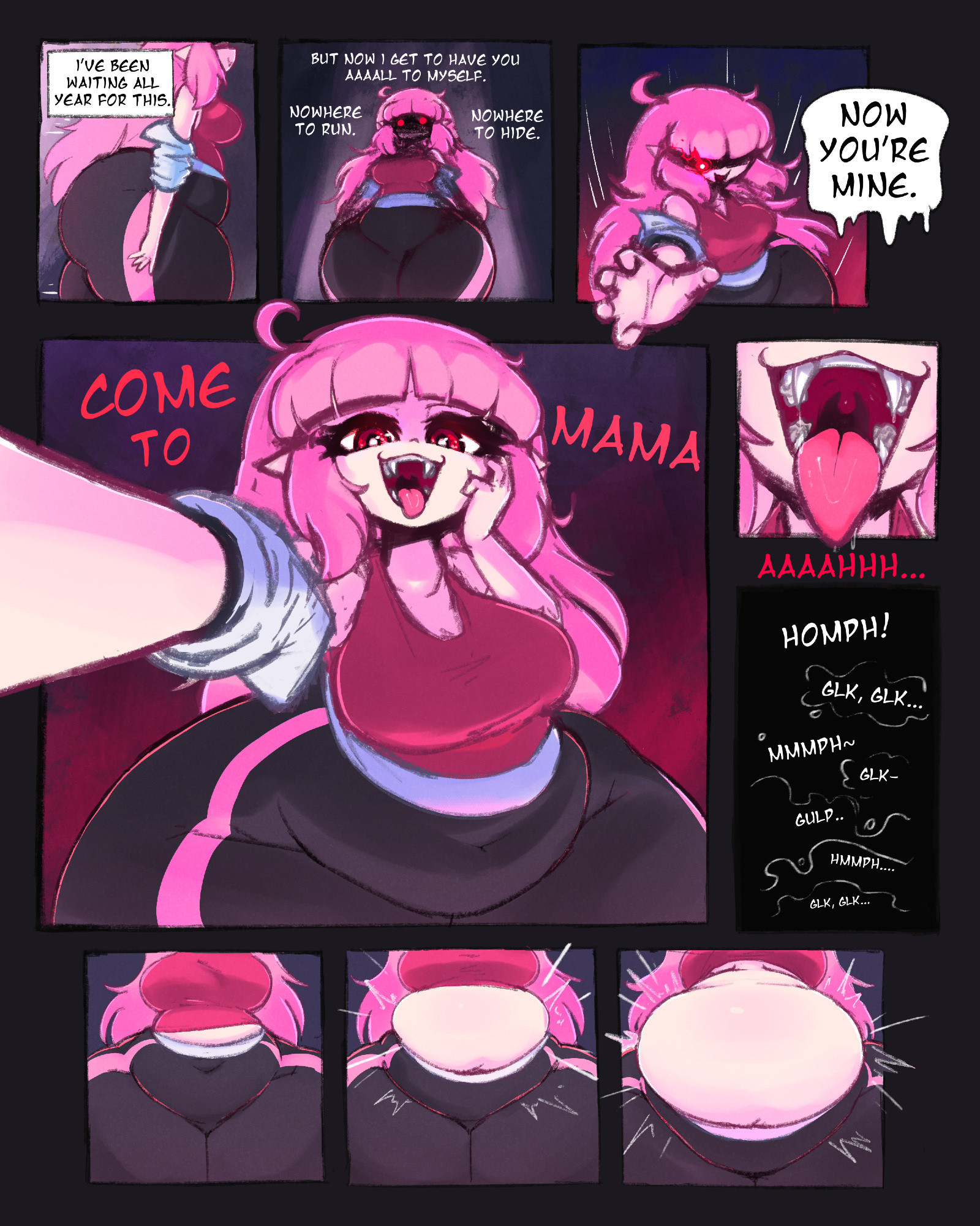 bedroom eyes, belly, belly expansion, big belly, big breasts, bottom heavy, breasts, clothing, comic, dialogue, elise (mysterydad), expansion, fangs, female, hair, hi res, huge thighs, humanoid, hyper, hyper thighs, long hair, looking at viewer, mysterydad, narrowed eyes, not furry, open mouth, open smile, oral vore, pink hair, red eyes, same size vore, seductive, smile, smiling at viewer, solo, speech bubble, teeth, text, thick thighs, tongue, tongue out, vampire, vore, wide hips