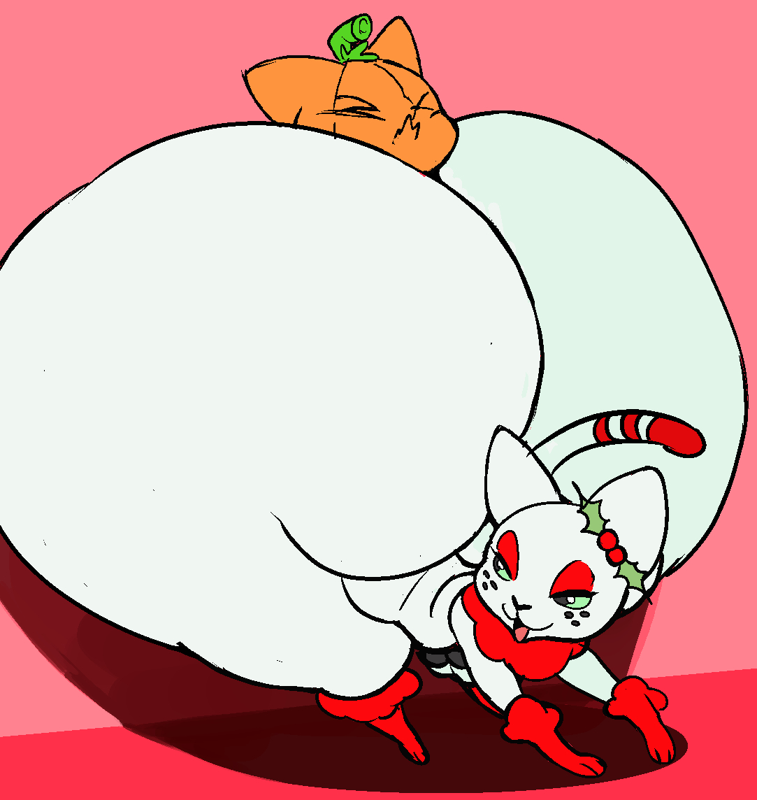 2025, anthro, ass, big butt, bottom heavy, butt smother, christmas, digital media (artwork), domestic cat, duo, elemental creature, eyeliner, felid, feline, felis, female, food, food creature, for a head, fur, green sclera, halloween, holidays, huge butt, huge hips, huge thighs, hyper, hyper butt, hyper hips, hyper thighs, junipurr, makeup, male, male/female, mammal, nyottrying, object head, pumkat, red fluff, smothering, smug face, thick thighs, white body, white fur, wide hips
