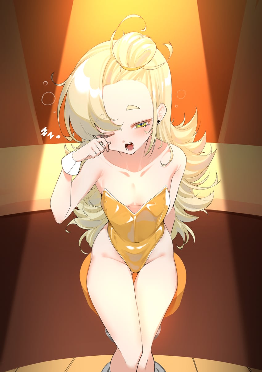 blonde, blonde female, blonde hair, blonde hair female, blonde-haired female, bunnysuit, chair, dress, green eyes, green eyes female, green-eyed female, hair bun, messy hair, piper wheel, sitting, sitting on chair, sleepy, small breasts, sons of calydon, thighs, yawn, yellow bunnysuit, zenless zone zero