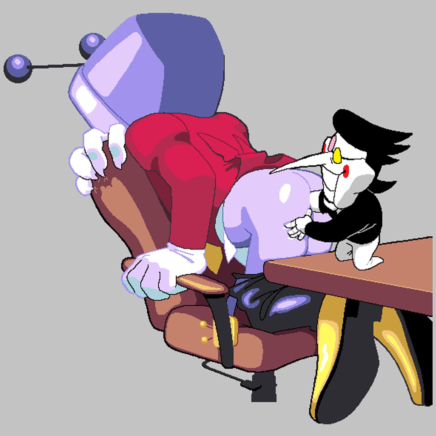 2025, 2boys, anal insertion, anthro, anthro male, arm on ass, big nose, bottomless, chair, deltarune, evilseconda, fisting, fisting ass, fisting partner, gay, gay sex, grab the butt, grey background, hand on ass, height difference, holding chair, holding object, male/male, on chair, on table, pants down, smaller male, spamtenna, spamton g spamton, table, taller male, tenna (deltarune), tv head, twitter link, undertale (series)