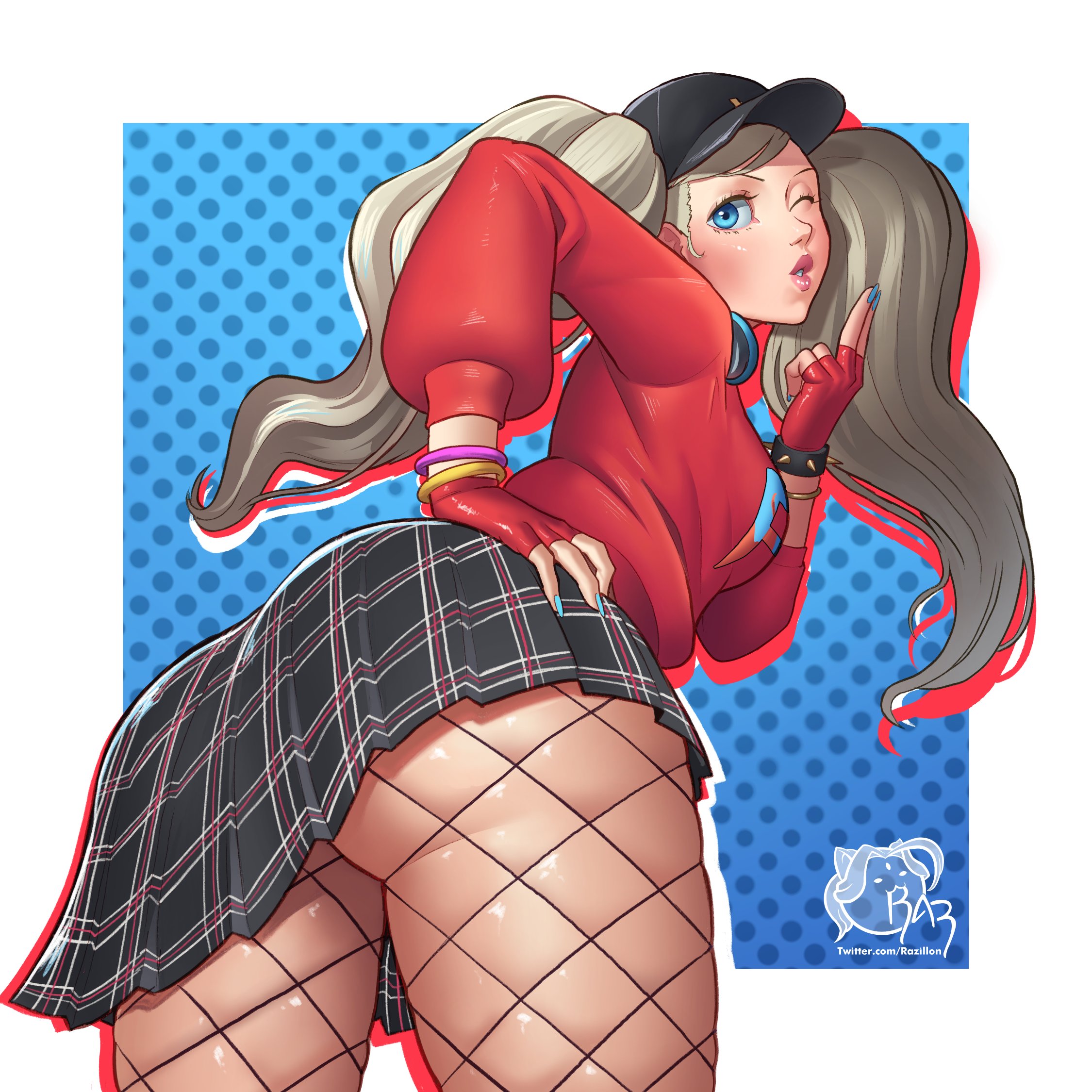 1:1, 1girls, ann takamaki, ann takamaki (starlight), ass, atlus, big ass, blonde hair, blue eyes, blue nail polish, breasts, female, female only, fishnet legwear, fishnets, hat, headphones, hi res, large ass, long hair, looking at viewer, looking back, looking back at viewer, megami tensei, persona, persona 5, persona 5: dancing star night, razillon, rear view, skirt, solo, thick thighs, twintails, wink, winking at viewer