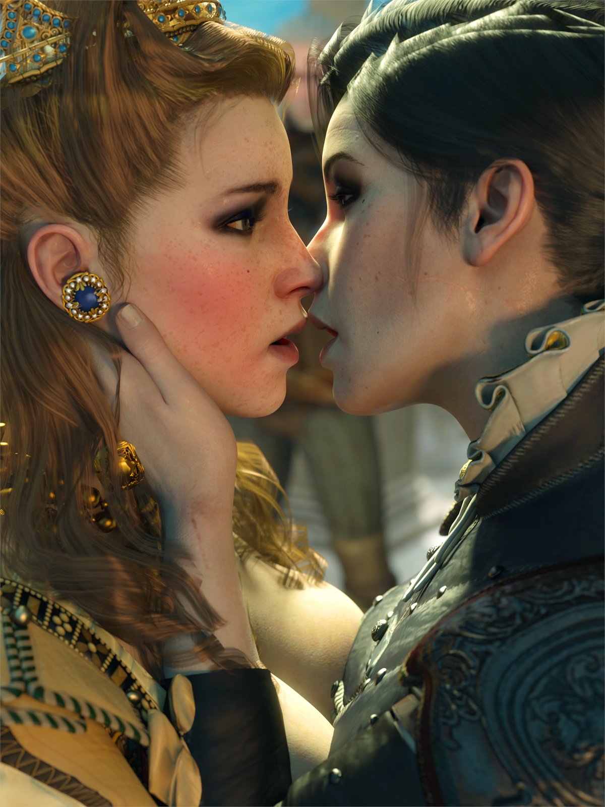 2girls, 3d, anna henrietta, big ass, black hair, blonde hair, breast, breast to breast, cd projekt red, clothing, crown, dress, earrings, embarrassed, female, geralt of rivia, imminent kiss, incest, light skin, light-skinned female, light-skinned male, male, mascara, sisters, syanna, the witcher (series), the witcher 3: wild hunt, word2, yuri