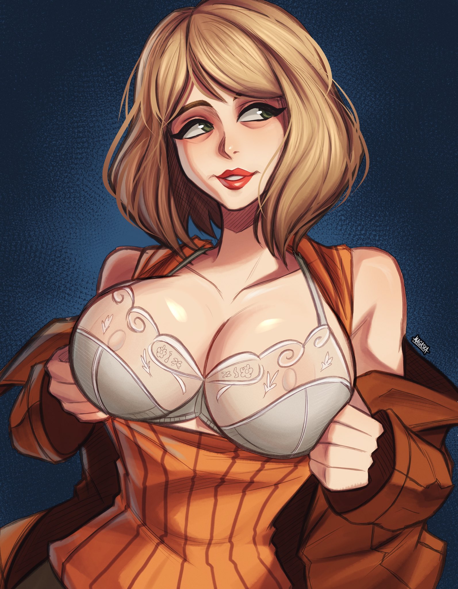 1girls, ashley graham, blonde hair, bra, breasts, breasts out, brown coat, cleavage, clothes pull, coat, curtained hair, flashing, green eyes, highres, large areolae, large breasts, lingerie, lipstick, looking to the side, magaska, magaska19, makeup, narrow waist, nipples, off shoulder, open clothes, open coat, orange sweater, paid reward available, red lips, resident evil, resident evil 4, resident evil 4 remake, ribbed sweater, see-through bra, see-through clothes, short hair, sleeveless, sleeveless sweater, solo, standing, sweater, sweater pull, trench coat, underwear, white bra