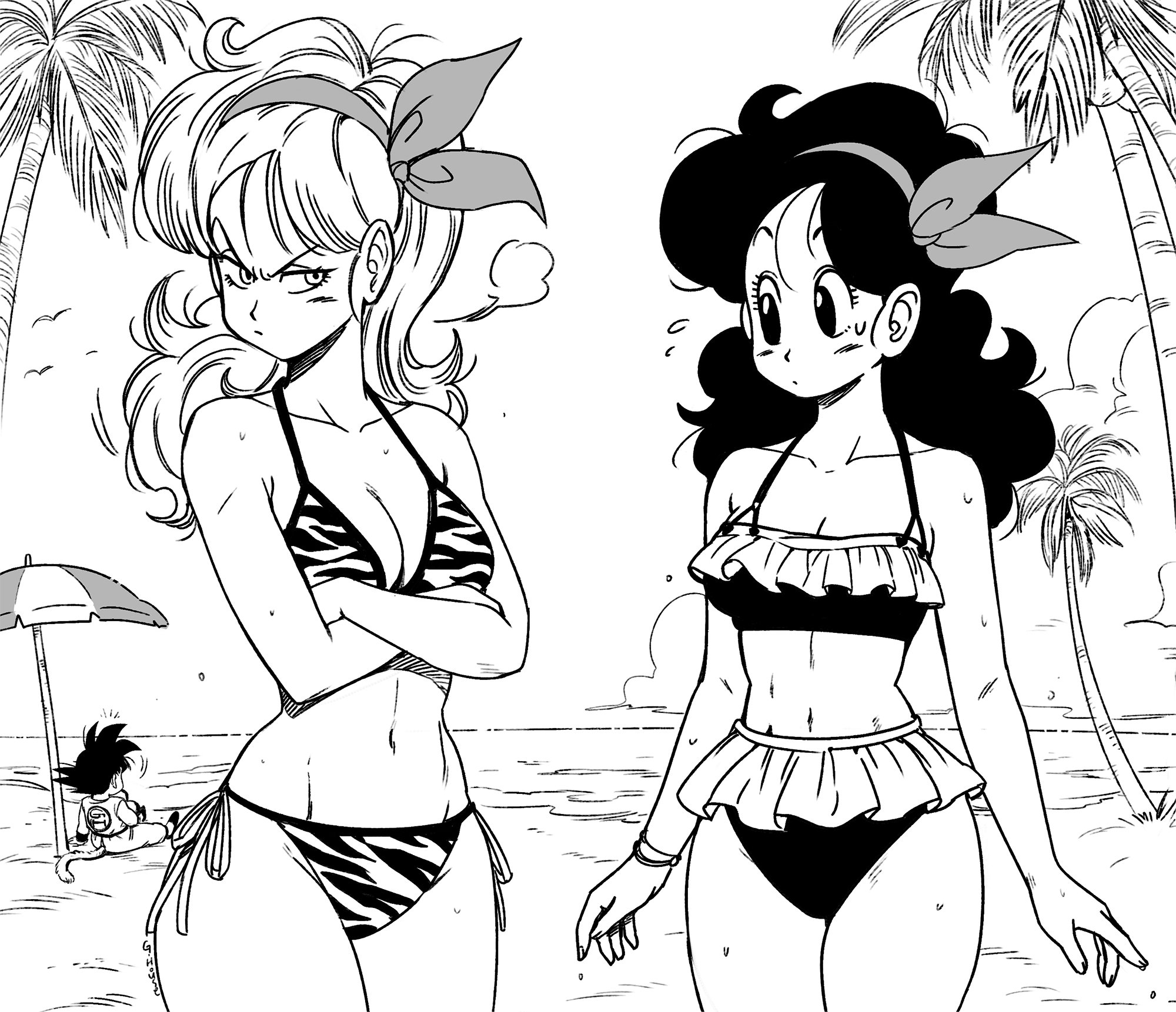 1girls, 2girls, bad launch, black and white, dragon ball, dragon ball (classic), dragon ball (series), dragon ball z, dragonball, dragonball z, female, female focus, female only, ghouse, good launch, launch, lunch (dragon ball), same person, solo, solo female, solo focus, swimsuit