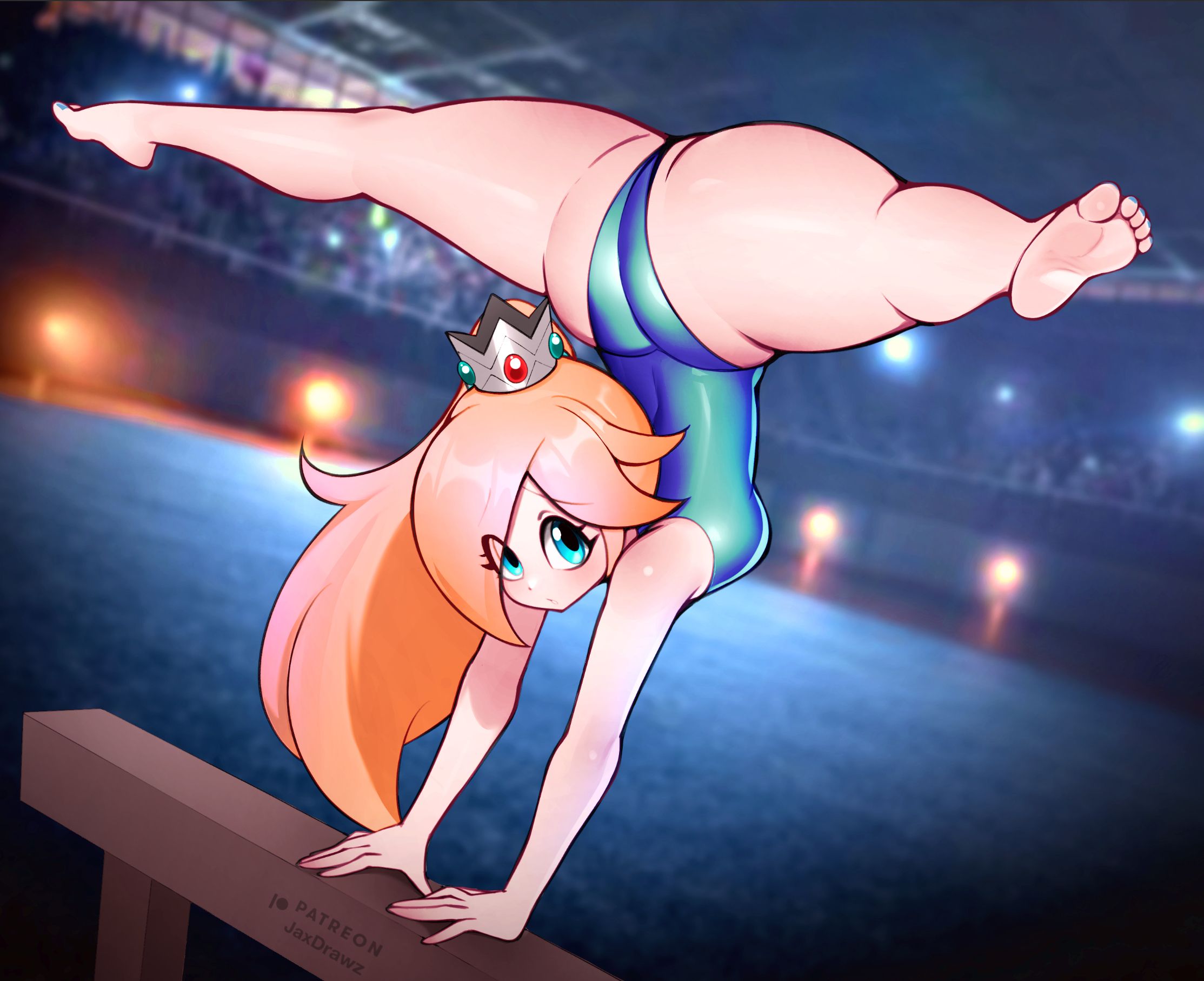 1girls, ass, balance beam, barefoot, blonde hair, blue eyes, female, female focus, female only, gymnast leotard, gymnastics, handstand, jaxdrawz, leotard, looking at viewer, nintendo, princess rosalina, skin tight, solo, solo female, solo focus, splits, spread legs, super mario bros., super mario galaxy, thick ass, thick thighs, upside-down, upside-down splits