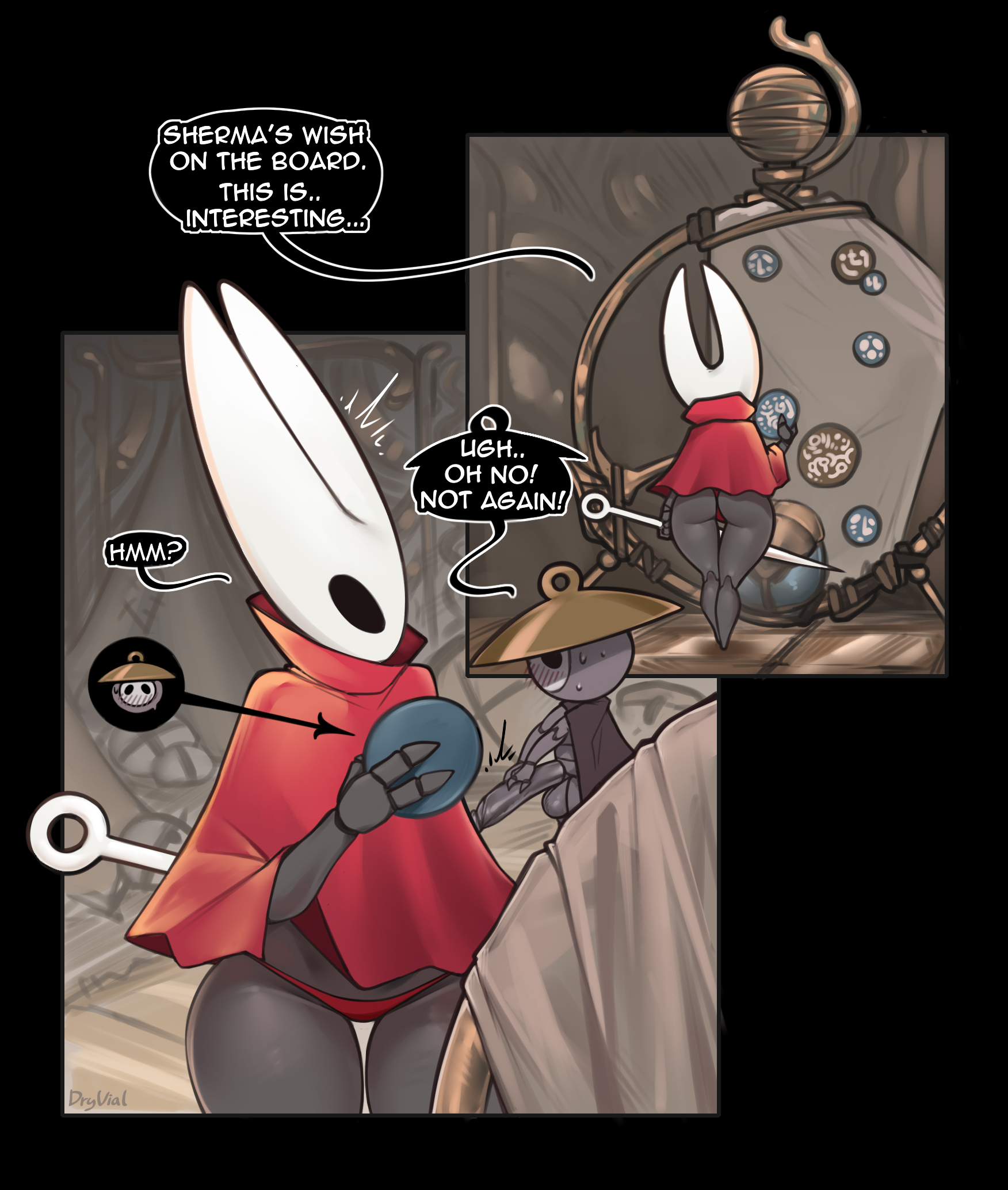 2 horns, 2 panel comic, 2025, 3 fingers, arthropod, ass, balls, big penis, biped, black eyes, blush, blush lines, board, bodily fluids, clothed, clothing, comic, dialogue, dryvial, duo, ellipsis, empty eyes, english text, exclamation point, female, fingers, genitals, hi res, holding melee weapon, holding object, holding weapon, hollow knight, hollow knight: silksong, horn, hornet (hollow knight), male, melee weapon, penis, question mark, red clothing, red underwear, sherma (hollow knight: silksong), skimpy, speech bubble, standing, sweat, sweatdrop, talking to self, text, underwear, weapon, white text, wide hips