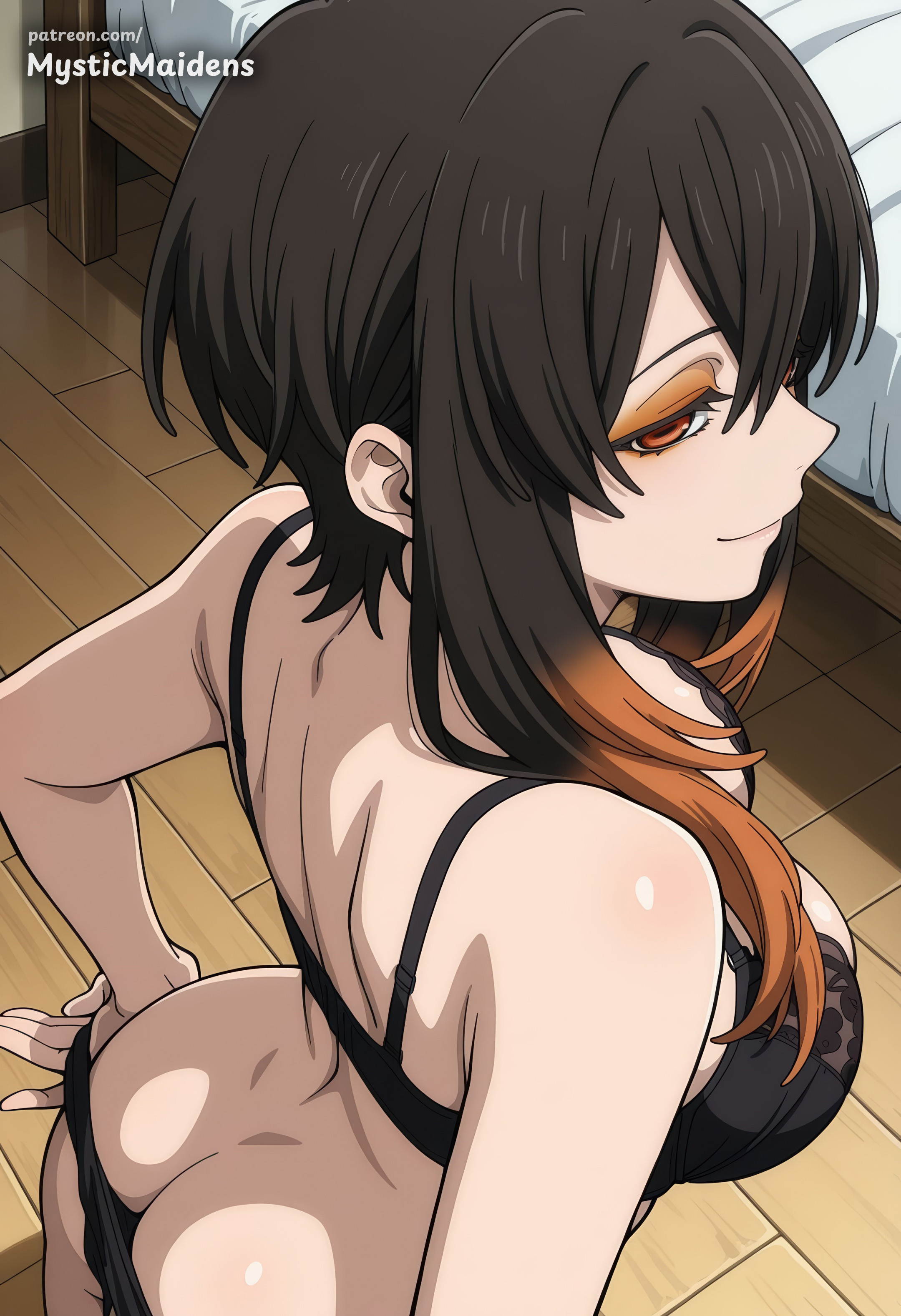 ai generated, amo empool, anime, anime style, ass, bed, black bra, black hair, black panties, bra, breasts, brown hair, butt crack, closed mouth, eyeshadow, fanbox username, female, gachiakuta, hentai, hi res, indoors, large breasts, looking at viewer, makeup, multicolored hair, mystic maidens, orange eyes, orange hair, panties, panty pull, patreon, patreon username, short hair with long locks, sidelocks, smile, solo, underwear, underwear only, web address, wooden floor