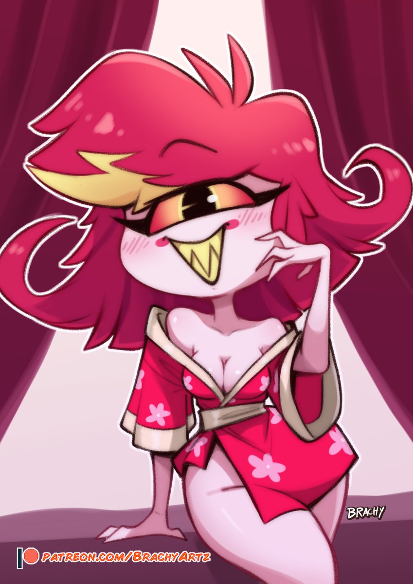 1girls, blush, brachyzoid, cleavage, cyclops, hazbin hotel, kimono, looking at viewer, niffty, no panties, one eye, red hair, sharp teeth, shortstack, smile, smug, smug face, solo
