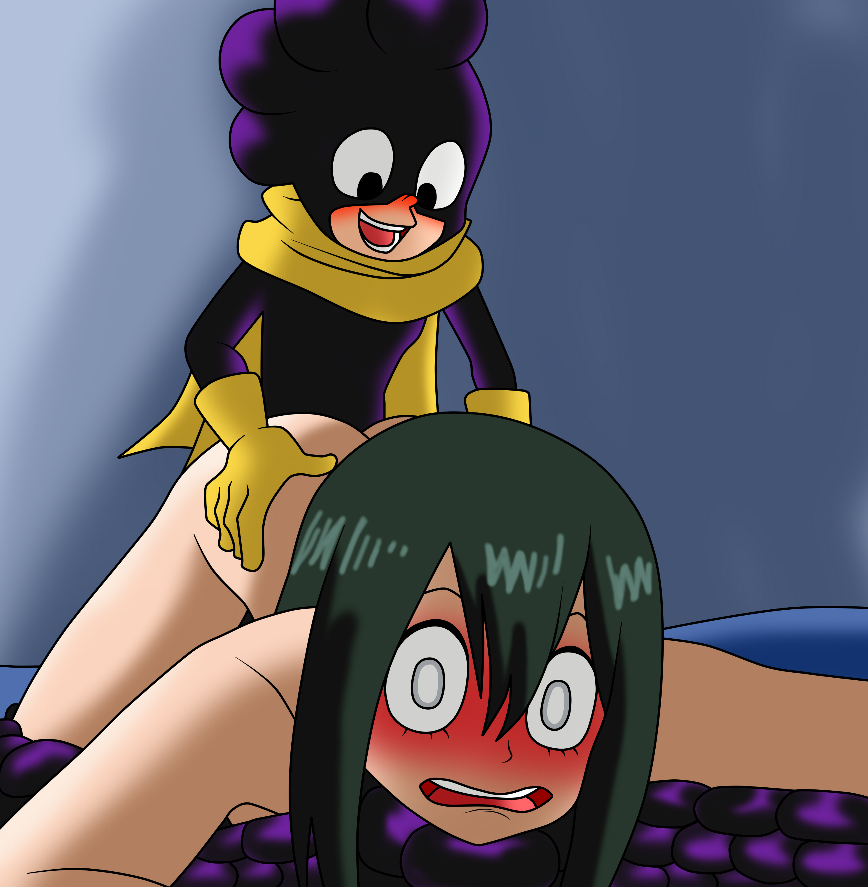 1boy, 1girls, ass, ass grab, ass up, asshole, asui tsuyu, boku no hero academia, doggy style, duo, face down ass up, female, front view, green hair, green-haired female, horney, humping, male, mineta minoru, minoru mineta, my hero academia, pervert, pervert male, questionable consent, rape, rape face, setthh98, sex, shocked, shocked eyes, shueisha, sticky restraint, stuck, surprised, tsuyu asui, weekly shonen jump, weekly shounen jump