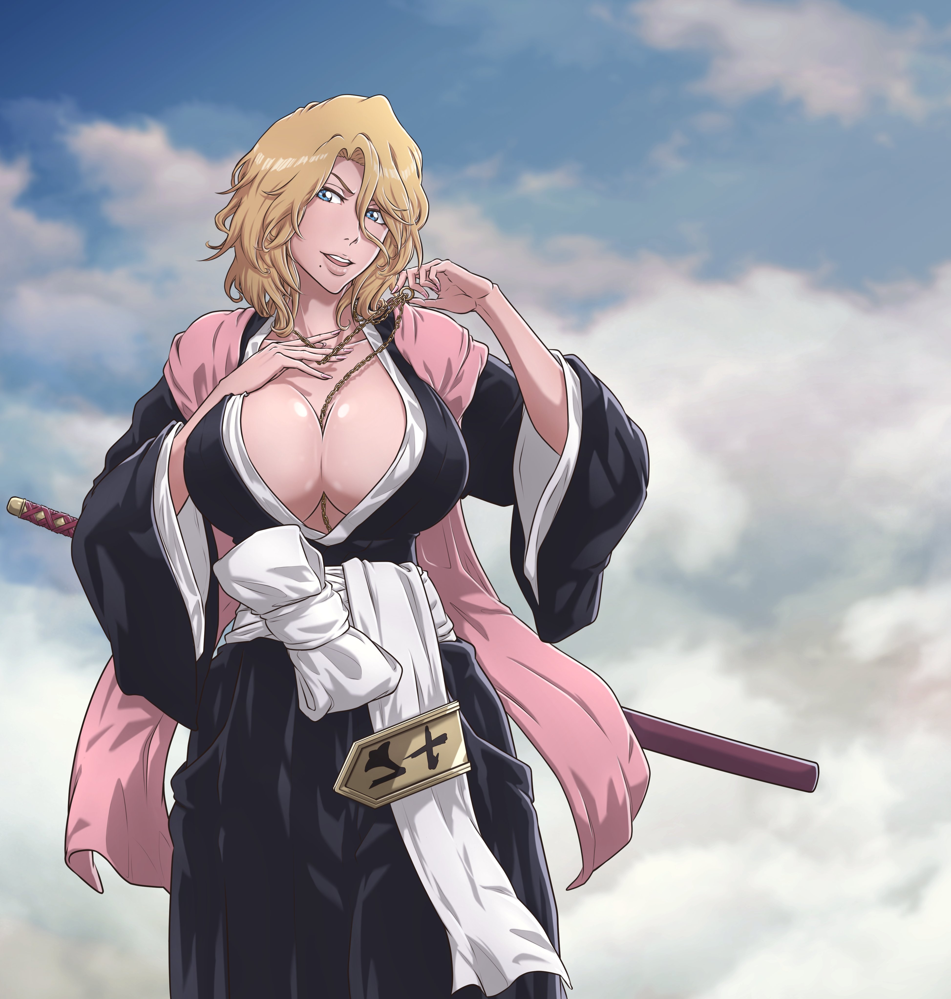 1girls, bleach, blonde hair, blue eyes, cleavage, hourglass figure, human, large breasts, light-skinned female, matsumoto rangiku, mature female, slim waist, sonzhondaya, wide hips