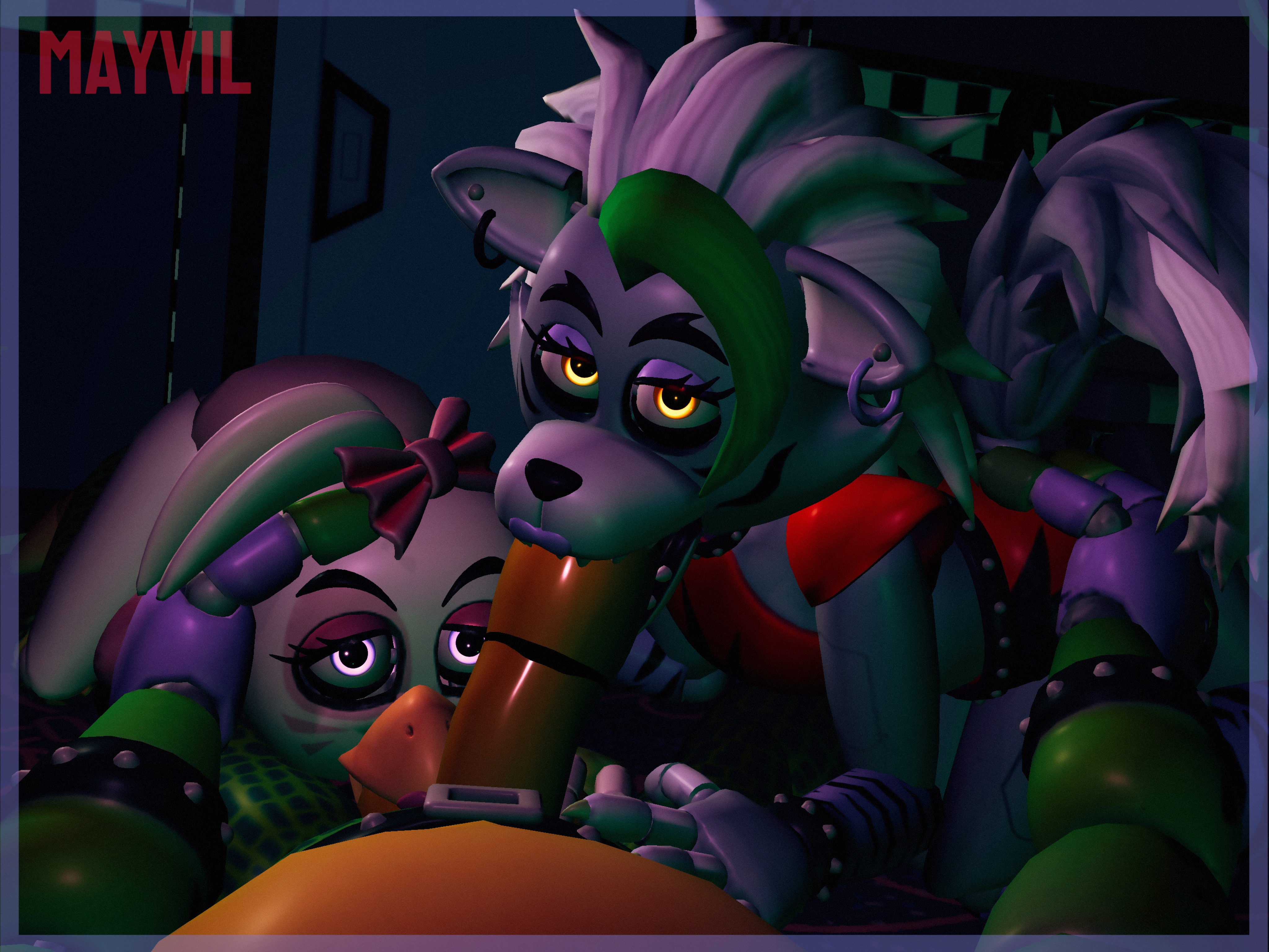 1boy, 1boy2girls, 2025, 2girls, 2girls1boy, 3d, 3d (artwork), 3d model, 3d render, 4:3, animatronic, animatronic female, anthro, anthro on anthro, anthro only, balls, balls sucking, big penis, bird, bird girl, black claws, blowjob, bracelet, chicken, chicken girl, crocodile, crocodilian, digital art, digital drawing (artwork), digital media (artwork), doggystyle, ear piercing, fangs, fangs on penis, five nights at freddy's, five nights at freddy's: security breach, fnaf, furry, furry female, furry male, furry only, genitals, glamrock chica (fnaf), glistening, glistening penis, green body, green bottomwear, green claws, green clothing, green hair, green nails, green pants, green skin, group, hair accessory, head markings, hotpants, leg warmers, legwear, lips, long hair, long tail, looking at another, looking at viewer, machine, male/female/female, mammal, mayvil, mayvil (artist), mohawk, mohawk (hairstyle), montgomery gator (fnaf), montyxchica, montyxroxy, narrowed eyes, oral, oral penetration, oral sex, orange beak, penis, penis in mouth, pink clothing, pink shirt, pink shorts, pink topwear, pov, pov male, prisma3d, purple clothing, purple eyes, purple fingerless gloves, purple lips, red bottomwear, red clothing, red shirt, red shorts, red topwear, robot, robot anthro, robot boy, robot girl, robot penis, rock, room, roxanne wolf (fnaf), scottgames, sharp teeth, ship, shipping, short hair, shoulder pads, steel wool studios, straight, striped leg warmers, striped legwear, studded belt, sucking, sucking balls, sucking dick, sucking penis, tail, topless anthro, topwear, touching ass, trio, violet eyes, violet skin, white body, white feathers, white hair, white skin, wolf, wolf girl, wolf tail, yellow eyes