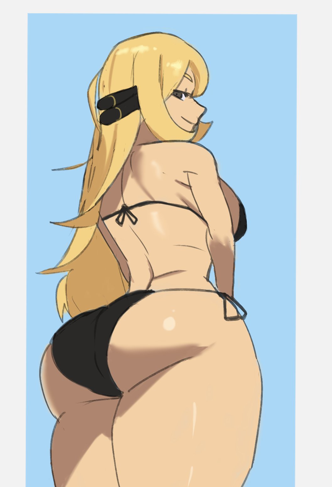 1girls, ass, ass focus, back view, big ass, bikini, black bikini, black eyes, blonde female, blonde hair, curvy, curvy figure, cynthia (pokemon), female, female focus, female only, hair ornament, looking at viewer, looking back, milf, pokemon, pokemon dppt, smile, smirk, swimsuit, tagme, voluptuous, voluptuous female