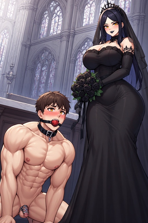 1boy, 1boy1girl, 1girls, ai generated, all fours, ball gag, black dress, black rose, brown hair, chastity, chastity cage, chastity device, clothed female, collar, dominant female, erika de sade, female, female domination, femdom, gagged male, goth, goth girl, goth milf, goth mommy, gothic, gothic girl, huge breasts, husband, husband and wife, just married, male, malesub, milf, muscular, muscular arms, muscular male, muscular sub, muscular thighs, naked, naked male, nude, nude male, nude male clothed female, original character, original characters, robert de sade, six pack, thick ass, thick thighs, wedding, wedding attire, wedding dress, wedding gloves, wedding tiara, wedding veil, wife