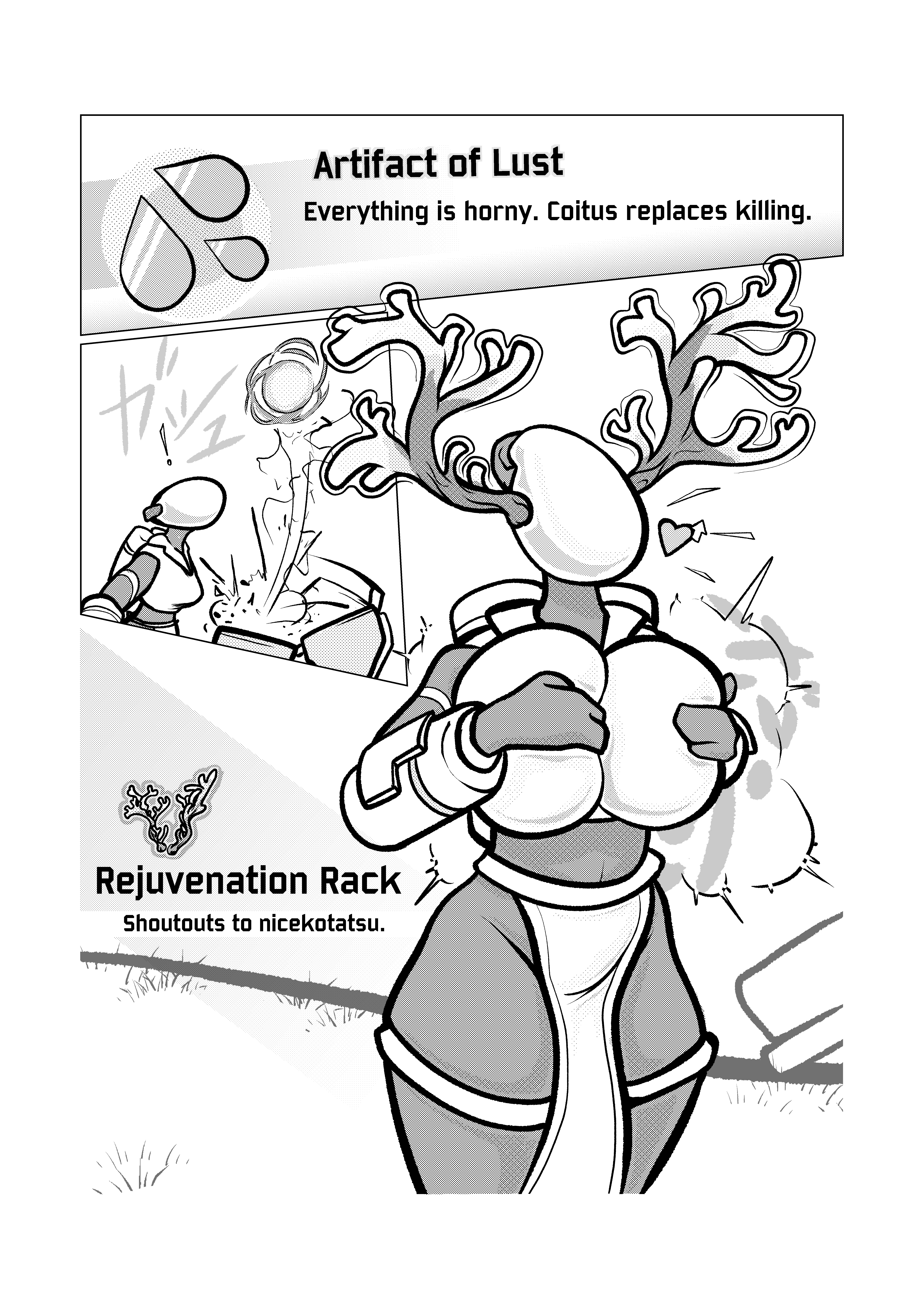 1girls, 2022, artificer (risk of rain), big breasts, breast expansion, breasts, clothed, comic, female, gameplay mechanics, heart, helmet, hi res, holding breasts, horns, item description, monochrome, risk of rain, risk of rain 2, zoquete