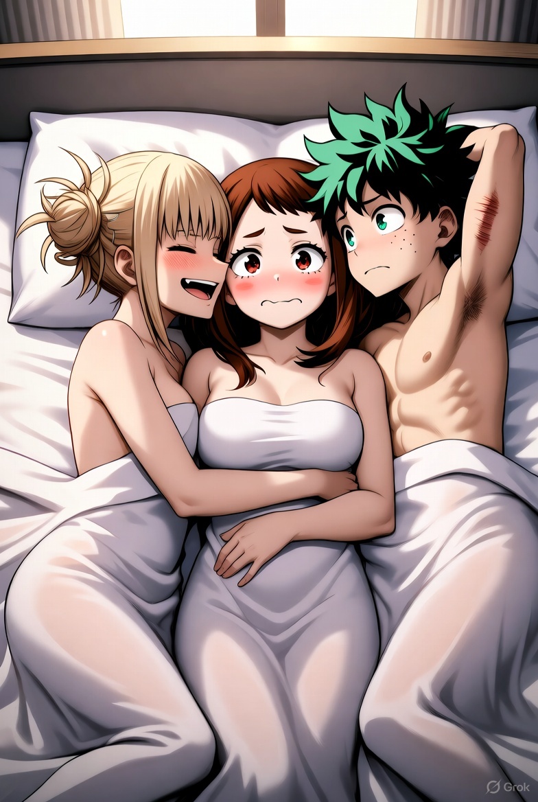 1boy, 2girls, 2girls1boy, after sex, ai, ai generated, anime, bare arms, bed, blonde hair, blonde-haired female, blush, boku no hero academia, brown hair, brown-haired female, covering body, covering breasts, cuddling, cuddling up together, deku, embarrassed, green hair, green-haired male, himiko toga, implied sex, izuku midoriya, laying on bed, lesbian, male, midoriya izuku, my hero academia, naked, ochako uraraka, scar, shy, threesome, toga himiko, under blanket, under covers, uraraka ochaco, uraraka ochako, wholesome