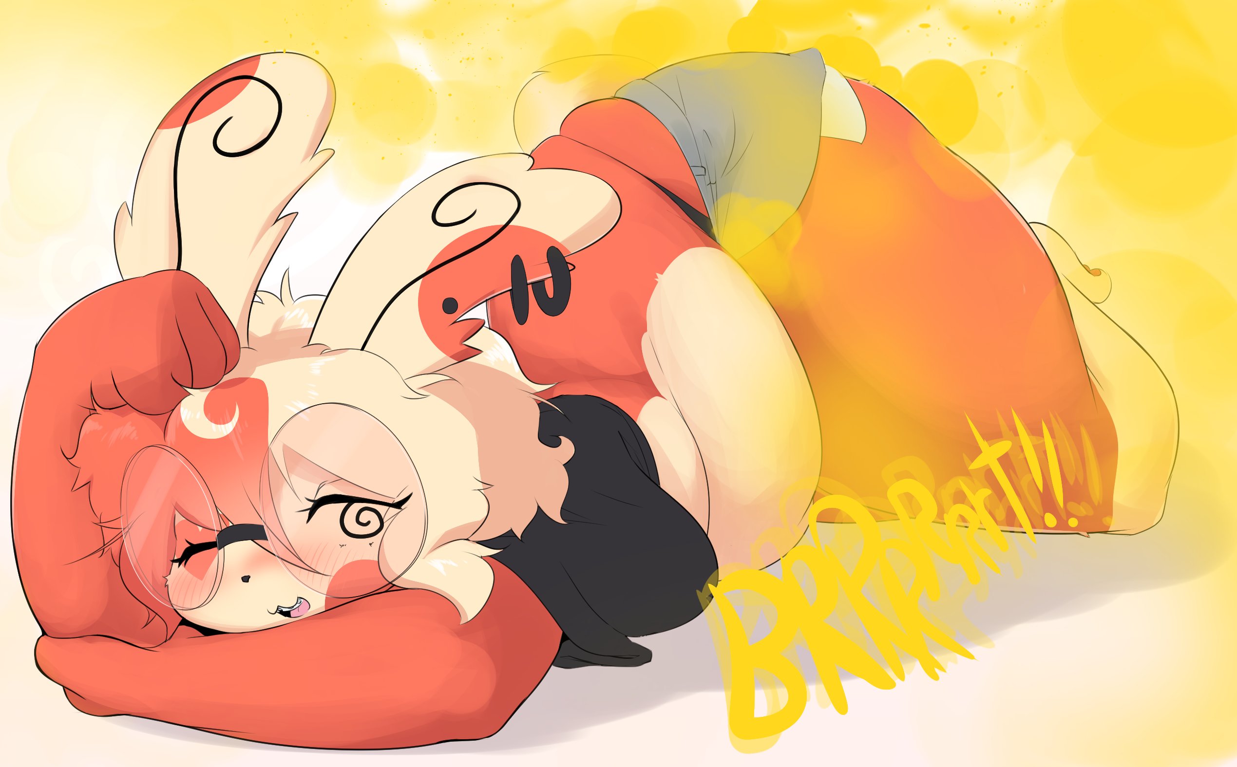accessory, anthro, anthro only, ass, big ass, big butt, blush, braces, breppy (artist), chubby, chubby female, clothed, clothed female, curvy figure, ear, ear accessory, fart, fart cloud, farting, furry, glasses, large breasts, multicolored body, multicolored fur, shorts, solo, solo female, spinda, spiral eyes, tail