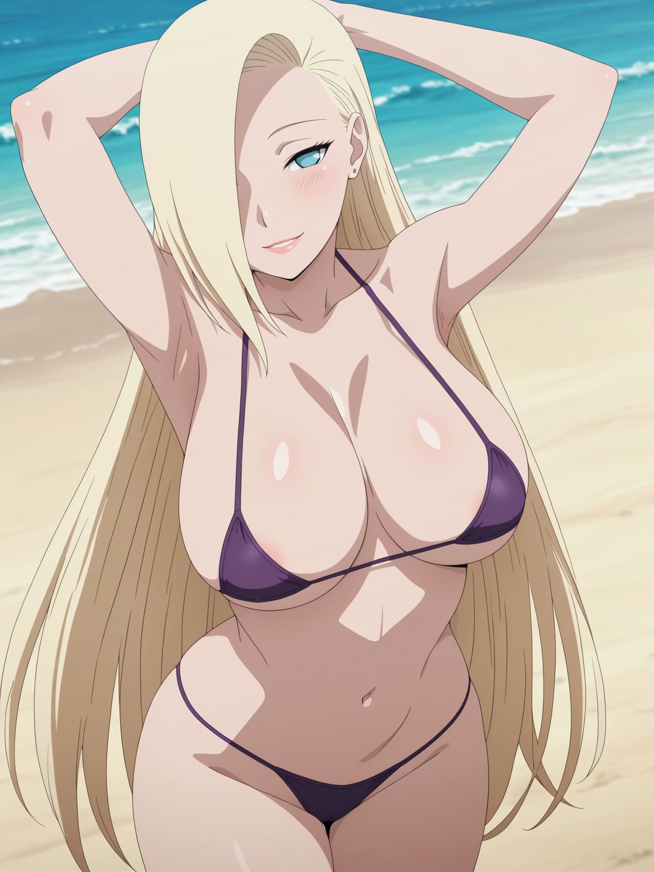 1girls, ai generated, arms behind head, arms up, beach, big breasts, bikini, bikini bottom, bikini top, blonde female, blonde hair, blue eyes, blush, blush lines, boruto: naruto next generations, breasts, cameltoe, curvy, curvy female, curvy figure, eyeshadow, female, from below, hair, hair down, hair ornament, hair over one eye, ino yamanaka, light blue eyes, light skin, light-skinned female, looking at viewer, loose hair, mature, naon, naruto, naruto (series), naruto shippuden, naruto: the last, navel, ocean, outdoors, pale skin, pale-skinned female, pinup, sea, seaside, smirk, swimsuit, thick thighs, thigh gap, thighs, toned, toned female, very long hair, white skin