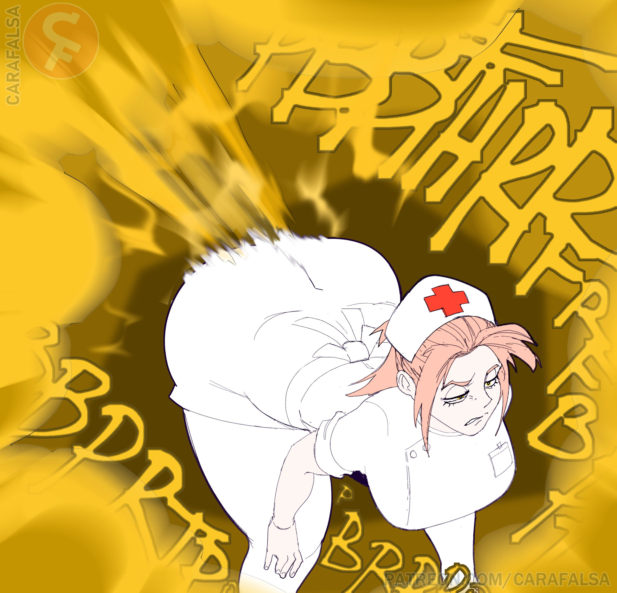 big ass, big breasts, carafalsa, clothed, clothing, digital drawing (artwork), digital media (artwork), eyewear, fart, fart cloud, fart everywhere, fart fetish, farting, flcl, foolycooly, freckles, freckles on face, haruko haruhara, huge fart, nurse, nurse clothing, nurse headwear, nurse uniform, simple background