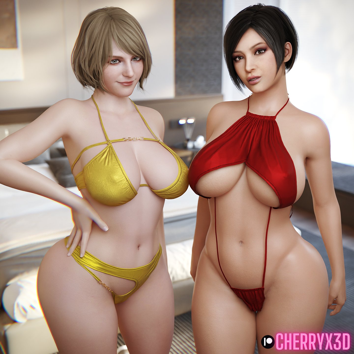 2girls, 3d, ada wong, ada wong (adriana), ashley graham, ashley graham (ella freya), asian, asian female, ass, bedroom, big ass, big breasts, bikini, black hair, black hair female, blonde female, blonde hair, blonde-haired female, breasts, capcom, cherryx3d, female, female only, imminent sex, inviting to sex, looking at viewer, mature, mature body, mature figure, mature woman, milf, mommy, red bikini, resident evil, resident evil 4, resident evil 4 remake, short hair, swimsuit, thick, thick ass, thick thighs, thighs, voluptuous, voluptuous female, wide hips, yellow bikini