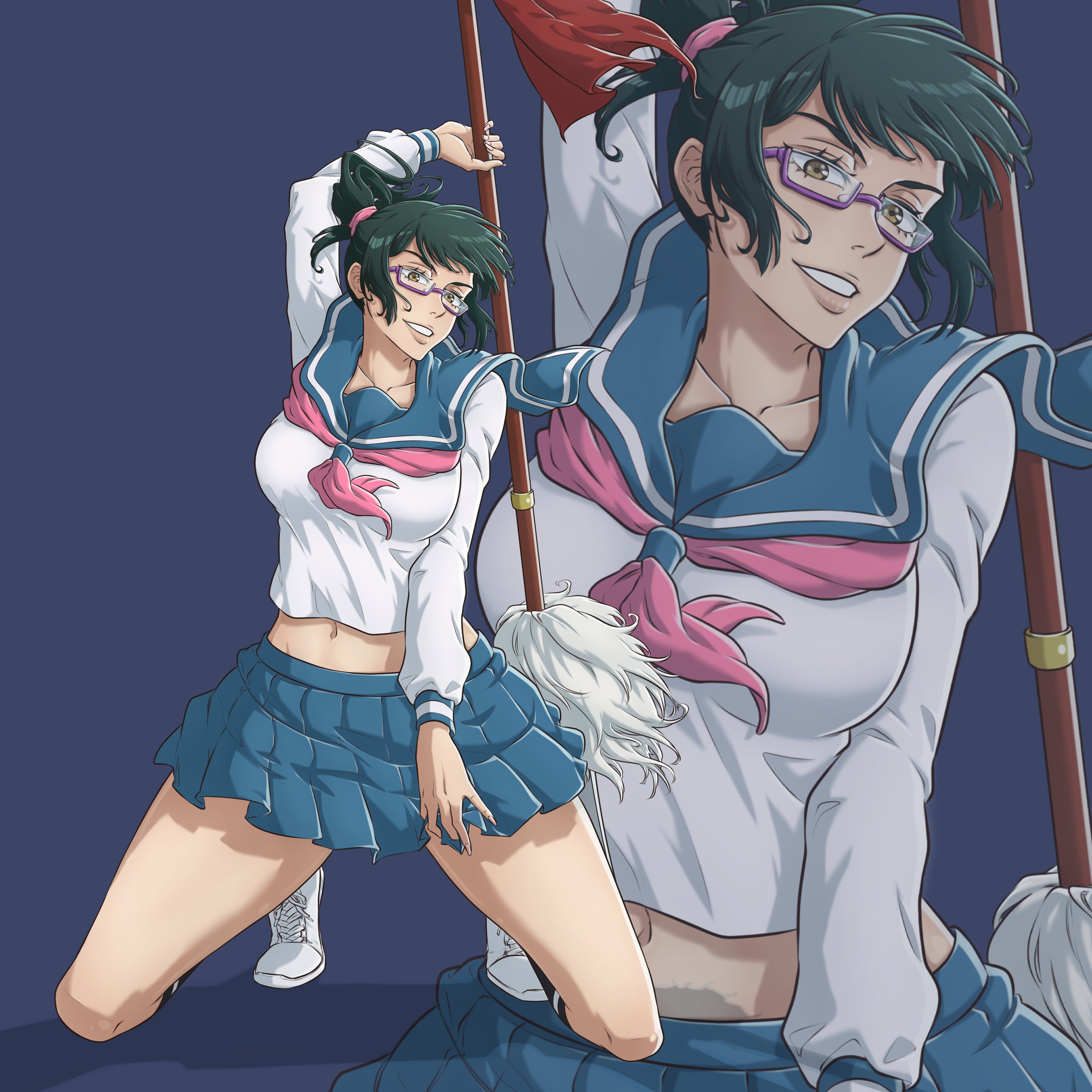 1:1, 1girls, big breasts, bleach, breasts, cosplay, crossover, eyeglasses, female, female only, glasses, green hair, green-haired female, hi res, highres, jujutsu kaisen, lisa yadomaru, lisa yadomaru (cosplay), maki zenin, midriff, skirt, smile, sneakers, sonzhondaya, weapon, yadoumaru lisa, yadoumaru lisa (cosplay), yellow eyes, zenin maki