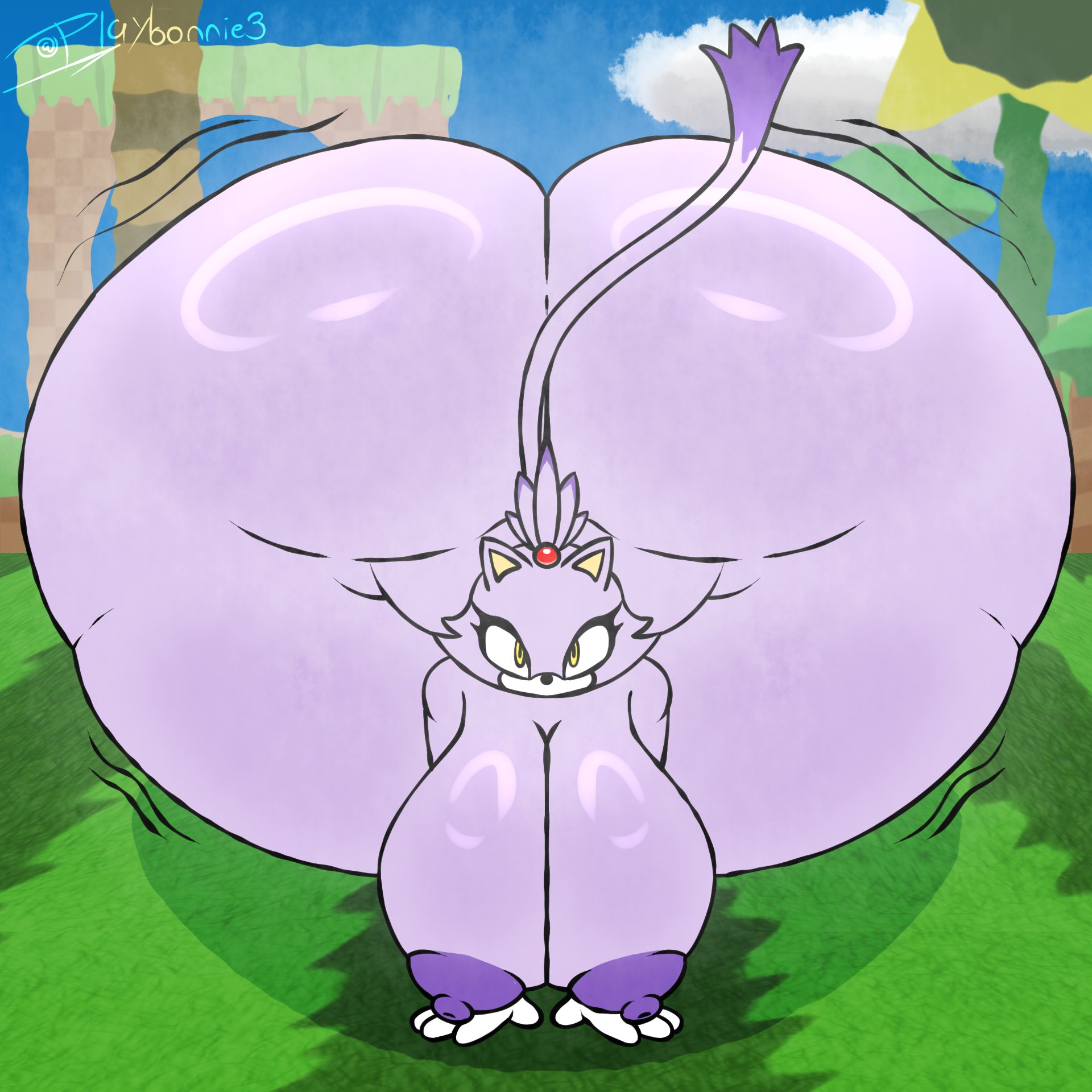 1girls, 2025, 4 fingers, all fours, anthro, ass, big ass, big breasts, big butt, blaze the cat, blush, bottom heavy, breasts, bubble butt, cat ears, cat girl, cat tail, day, domestic cat, eyelashes, felid, feline, felis, female, front view, furry, furry only, gigantic ass, gloves, green hill zone, hi res, huge ass, huge breasts, huge butt, hyper, hyper ass, hyper butt, large ass, leaning forward, looking at viewer, mammal, massive ass, mobian (species), motion lines, naked, naked female, nipples, nude, nude female, on knees, playbonnie, playbonnie3, purple body, purple fur, purple nipples, purple skin, sega, simple background, solo, solo female, sonic (series), sonic the hedgehog (series), textless, thick thighs, thunder thighs, twitter username, wide hips, wobbling, yellow eyes