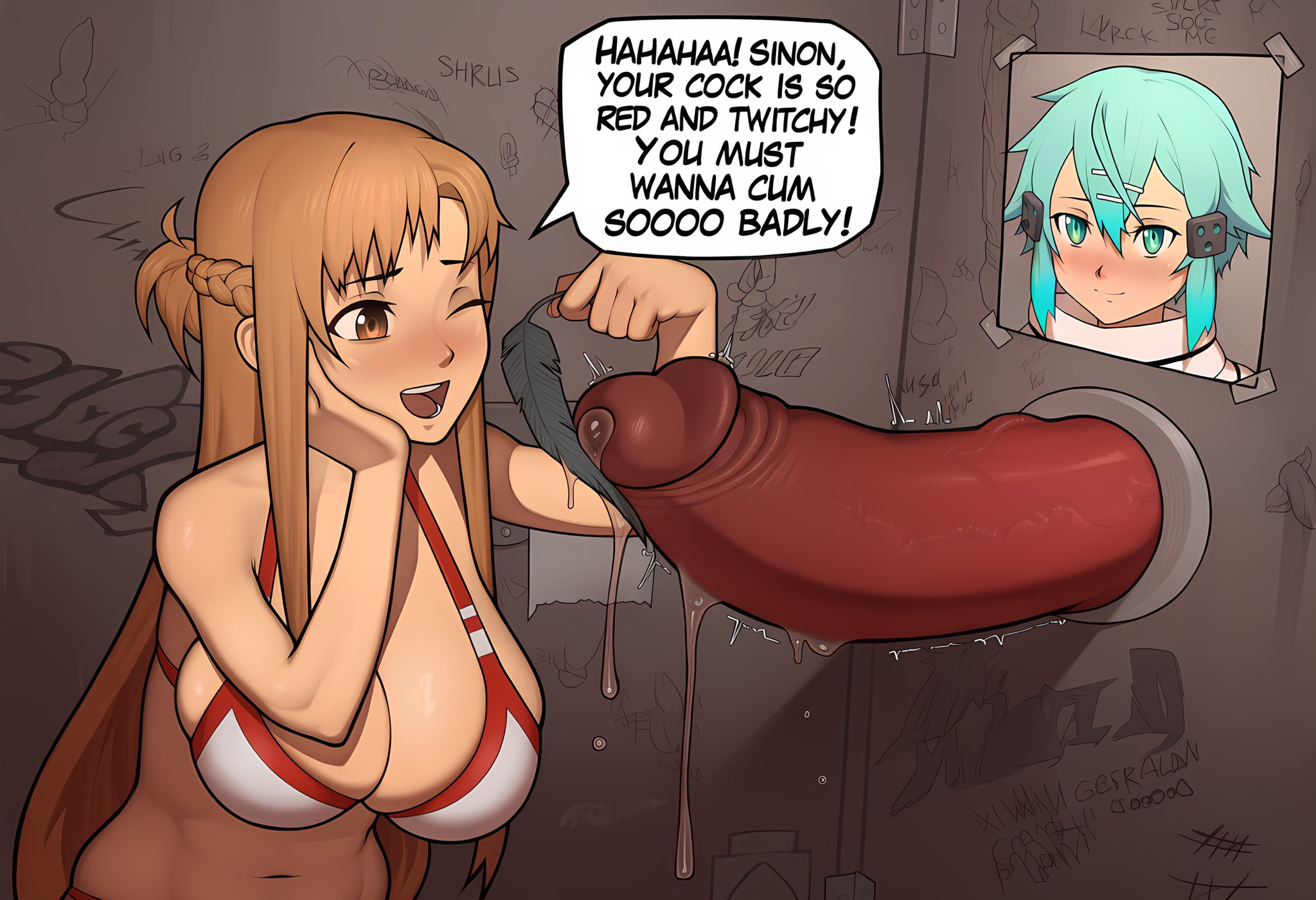 1futa, 1girls, ai generated, asada shino, big breasts, bikini top, blue hair, breasts, cock teasing, cock torture, edging, feather tickling, female dominating futa, femdom, futanari, glory hole, hair ornament, large breasts, nestvr9000, orange hair, orgasm denial, penis, picture frame, precum, red cock, sinon, sword art online, text, tickling, tickling genitalia, tickling penis, veiny penis, yuuki asuna